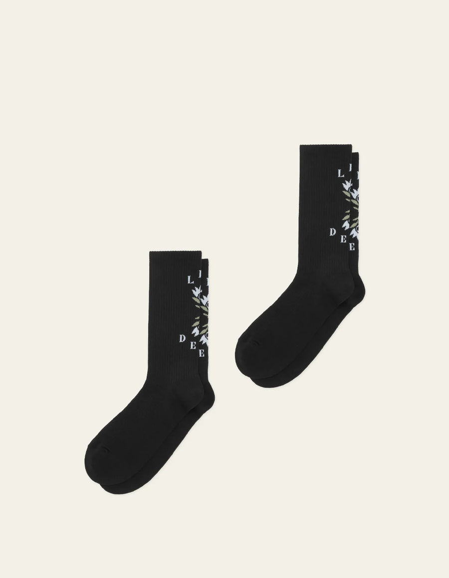 Les Deux Logo Flower strømper 2-pak i sort med broderet blomsterlogo