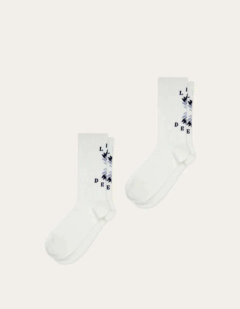 Les Deux Logo Flower strømper 2-pak i hvid med broderet blomsterlogo