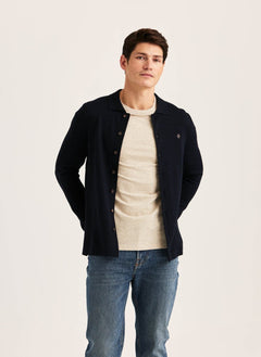 Morris merino skjortecardigan i navy båret åben
