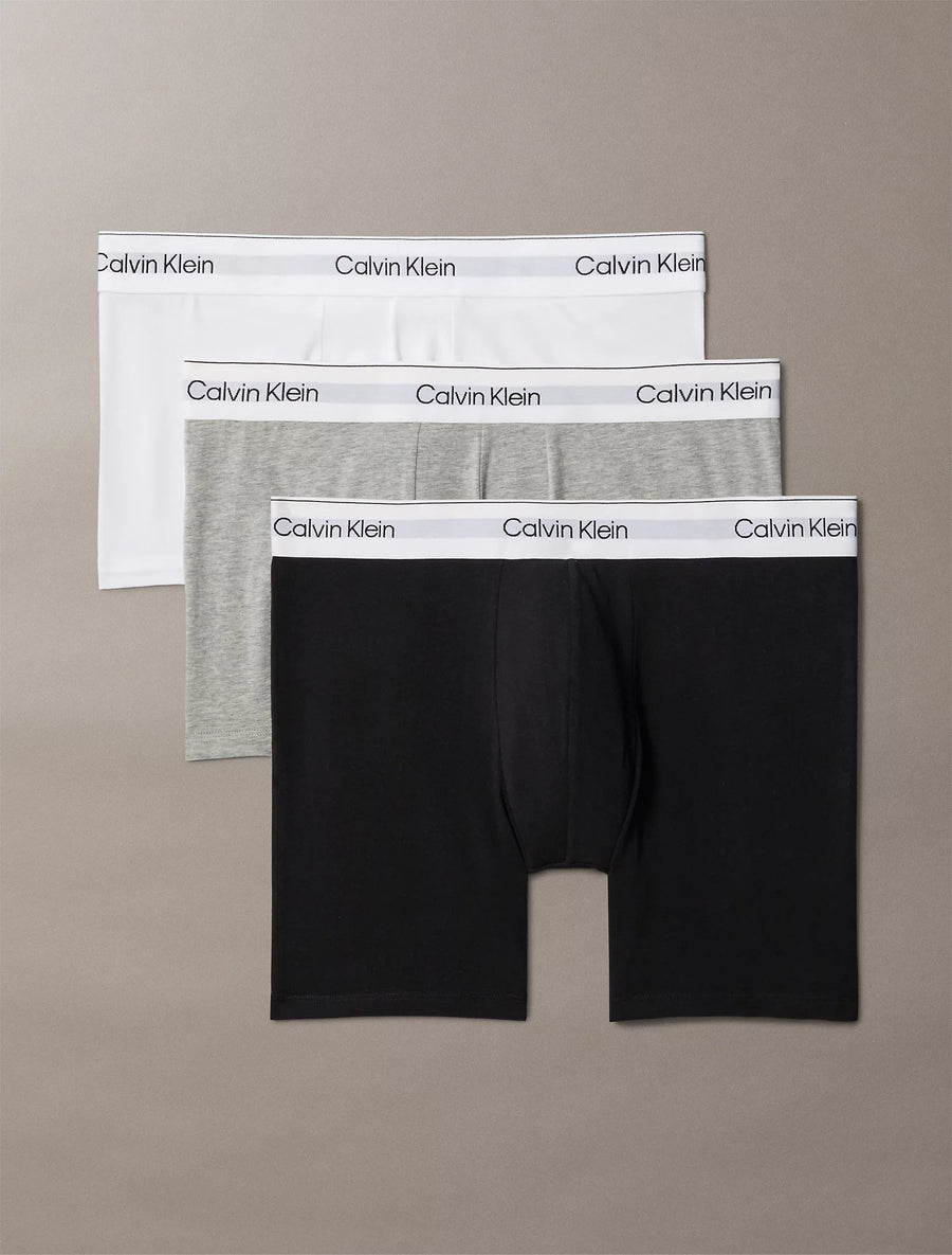 Alle tre Calvin Klein Icon Cotton Stretch boxer briefs 3-pak i grå, hvid og sort – produktbillede