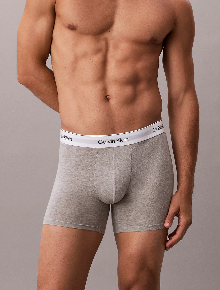 Nærbillede af logolinning på grå boxer briefs fra Calvin Klein Icon Cotton Stretch boxer briefs 3-pak i grå, hvid og sort