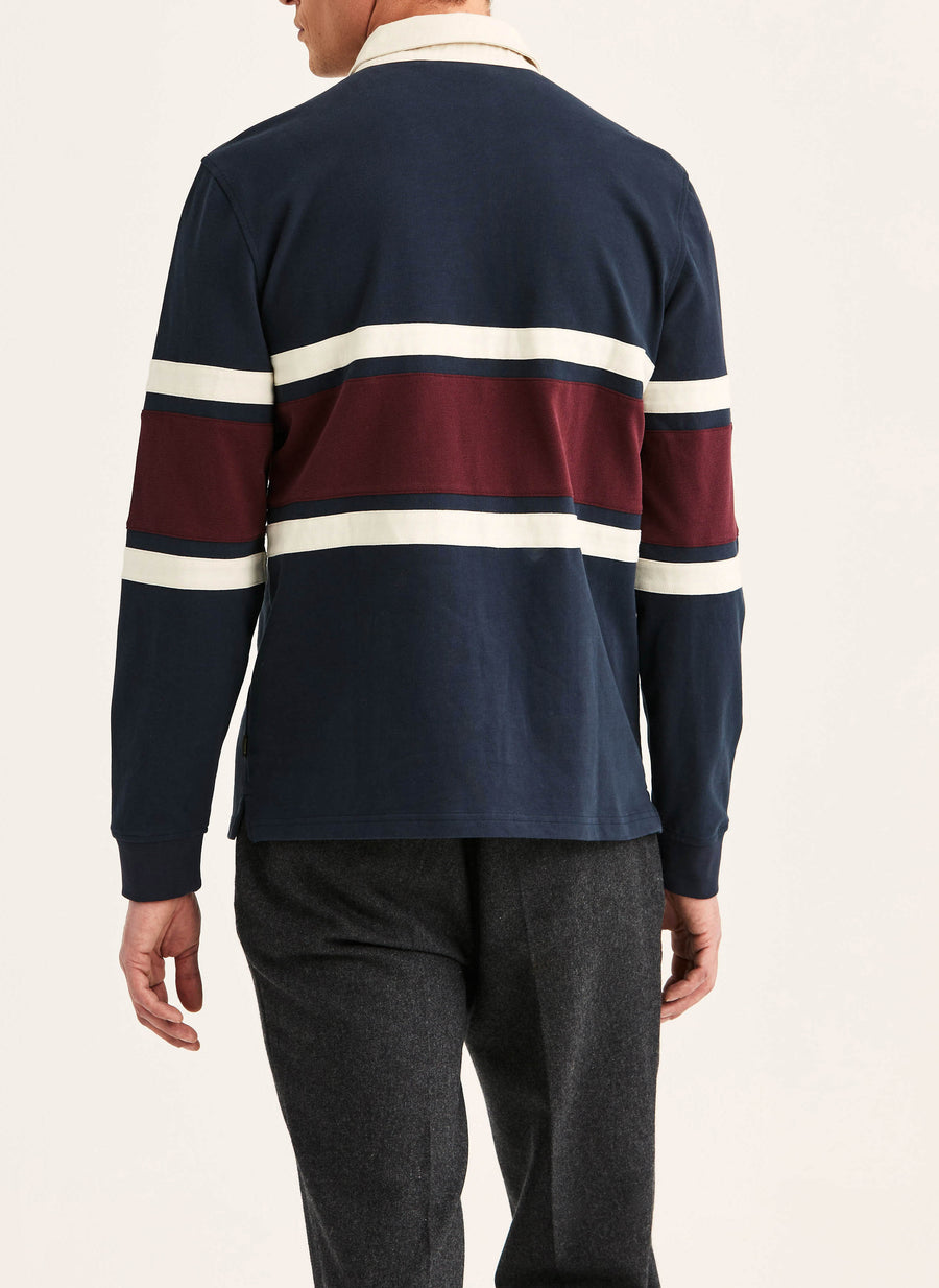 Morris Harold rugby trøje i Old Blue navy med striber set fra siden