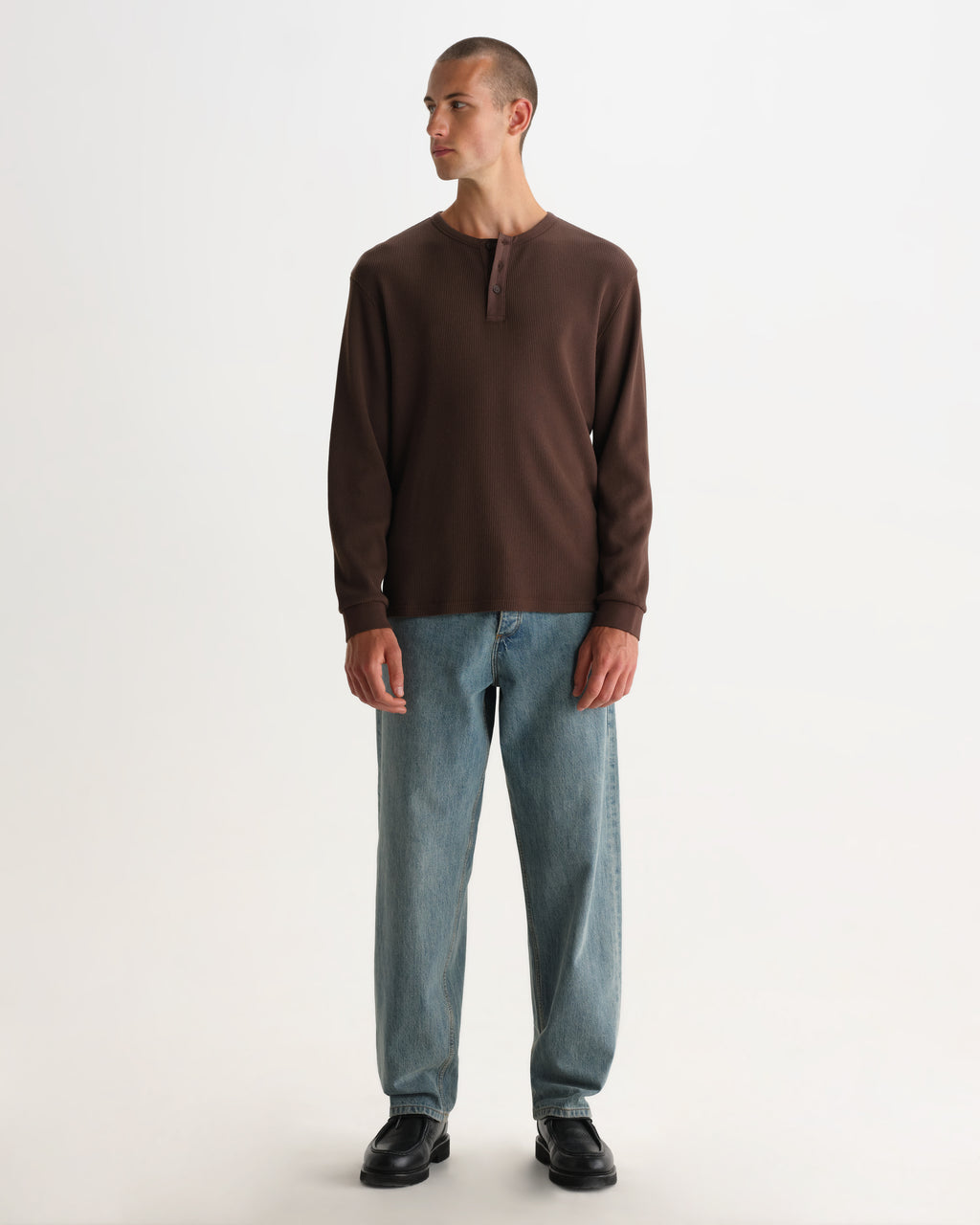 Wax London CALEB HENLEY L/S TEE WAFFLE - BROWN