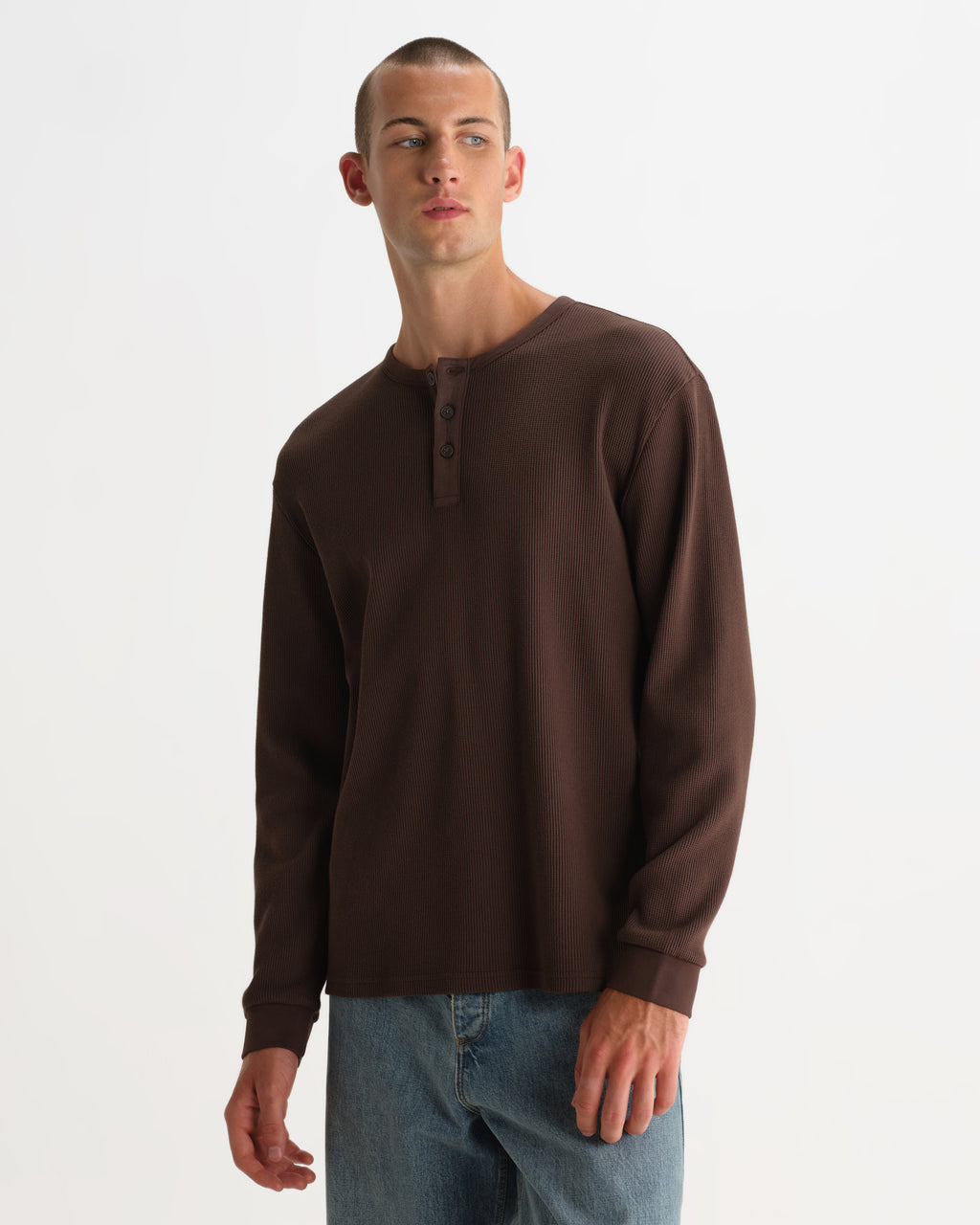Wax London CALEB HENLEY L/S TEE WAFFLE - BROWN