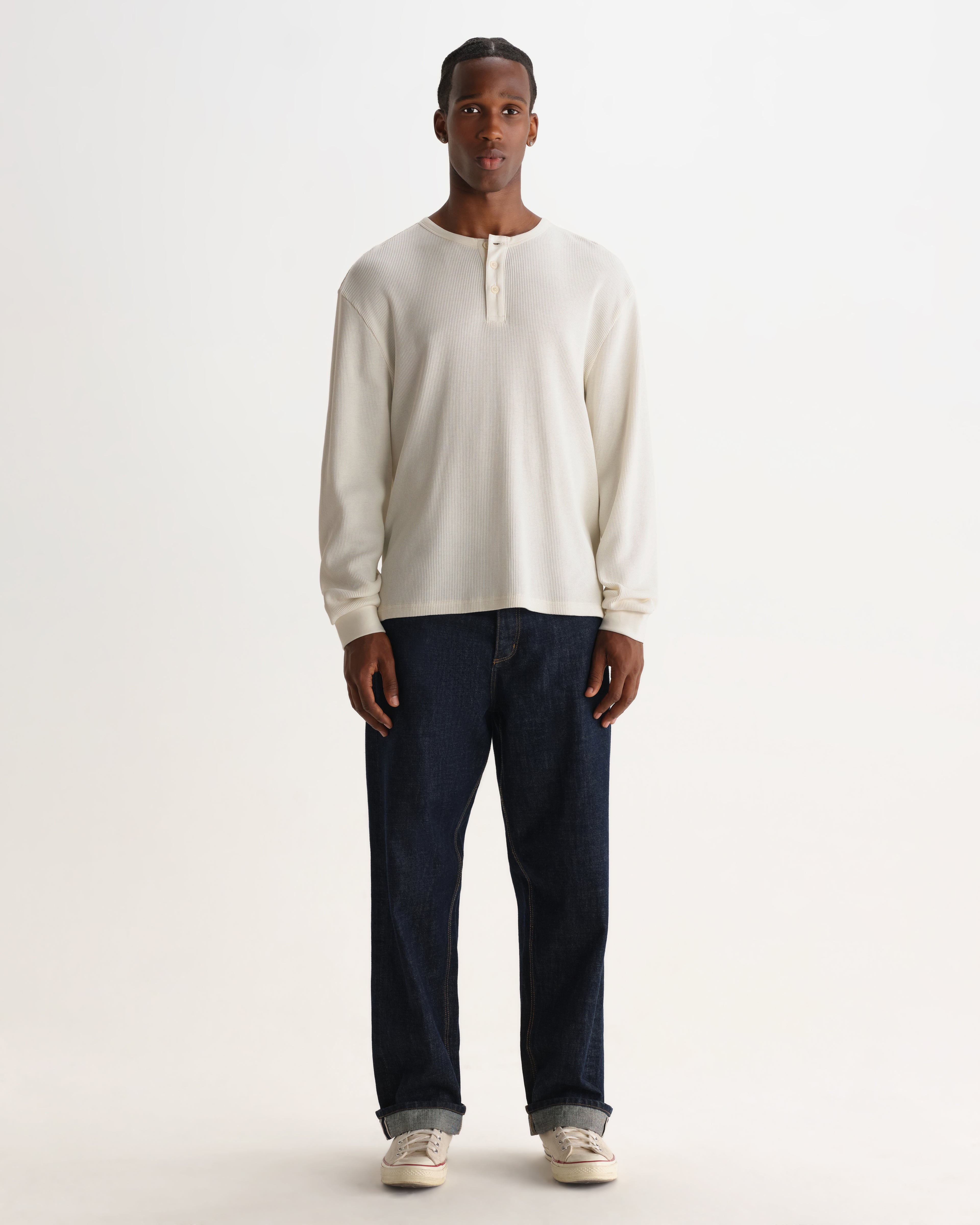 Wax London CALEB HENLEY L/S TEE WAFFLE - ECRU