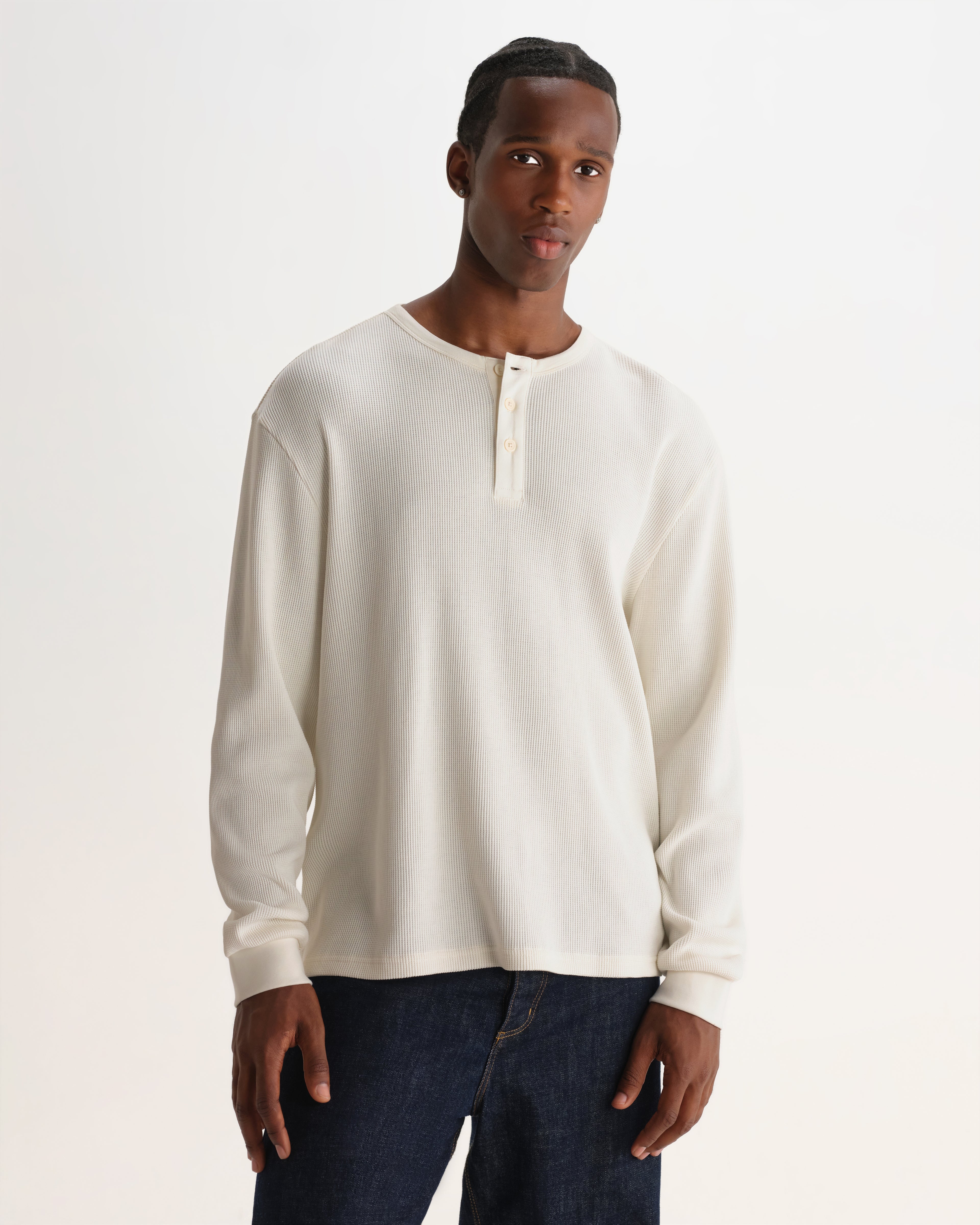 Wax London CALEB HENLEY L/S TEE WAFFLE - ECRU