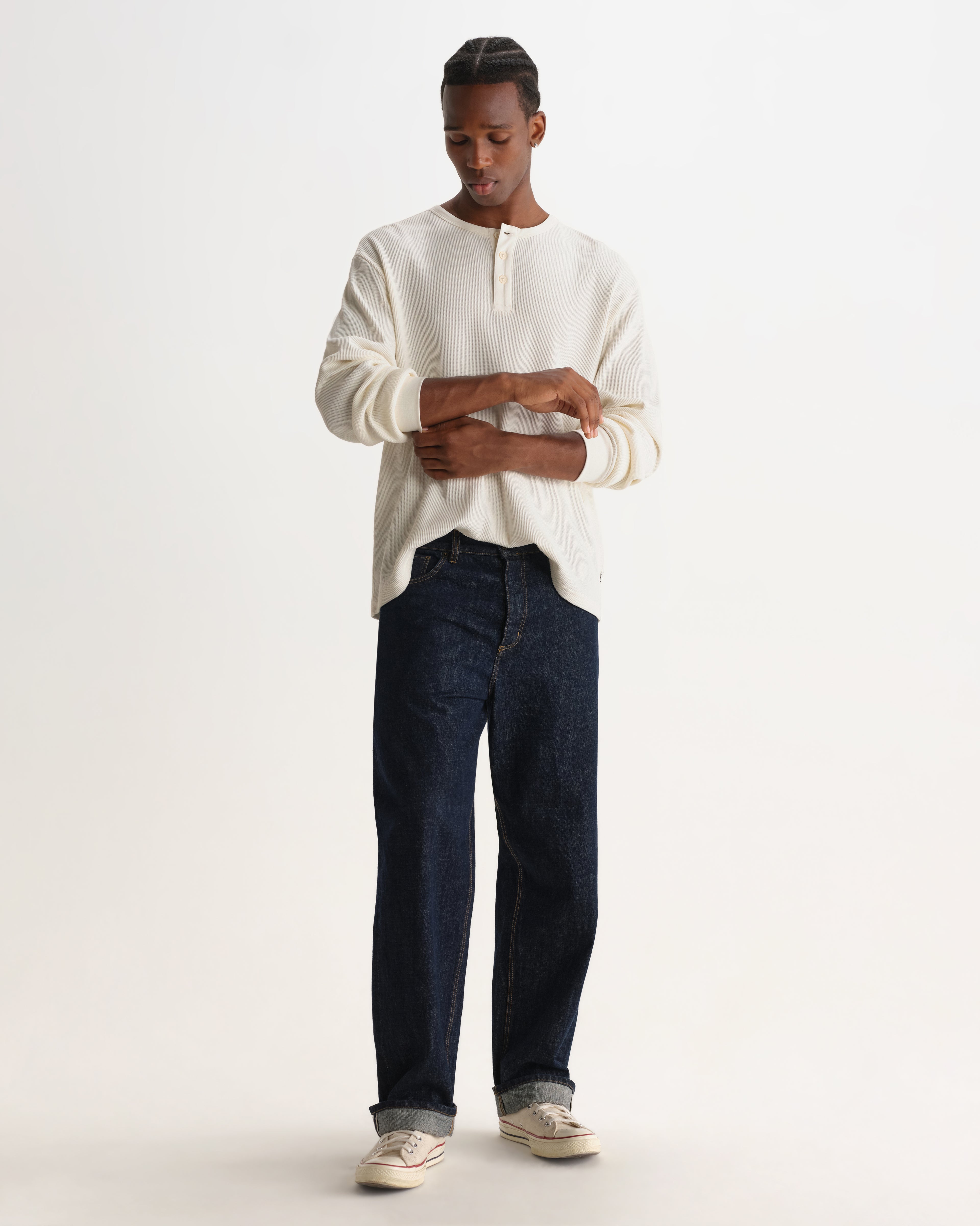 Wax London CALEB HENLEY L/S TEE WAFFLE - ECRU