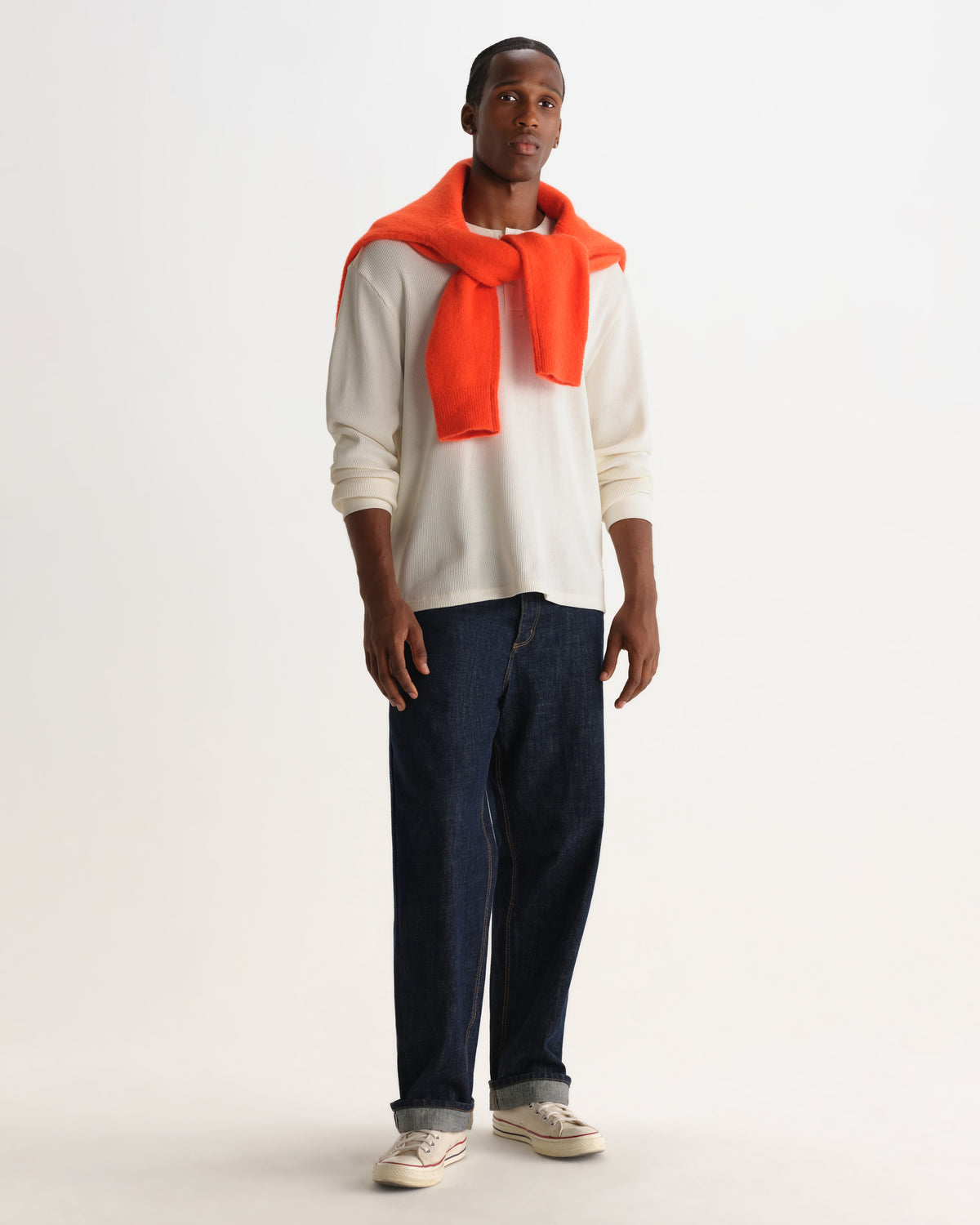 Wax London CALEB HENLEY L/S TEE WAFFLE - ECRU