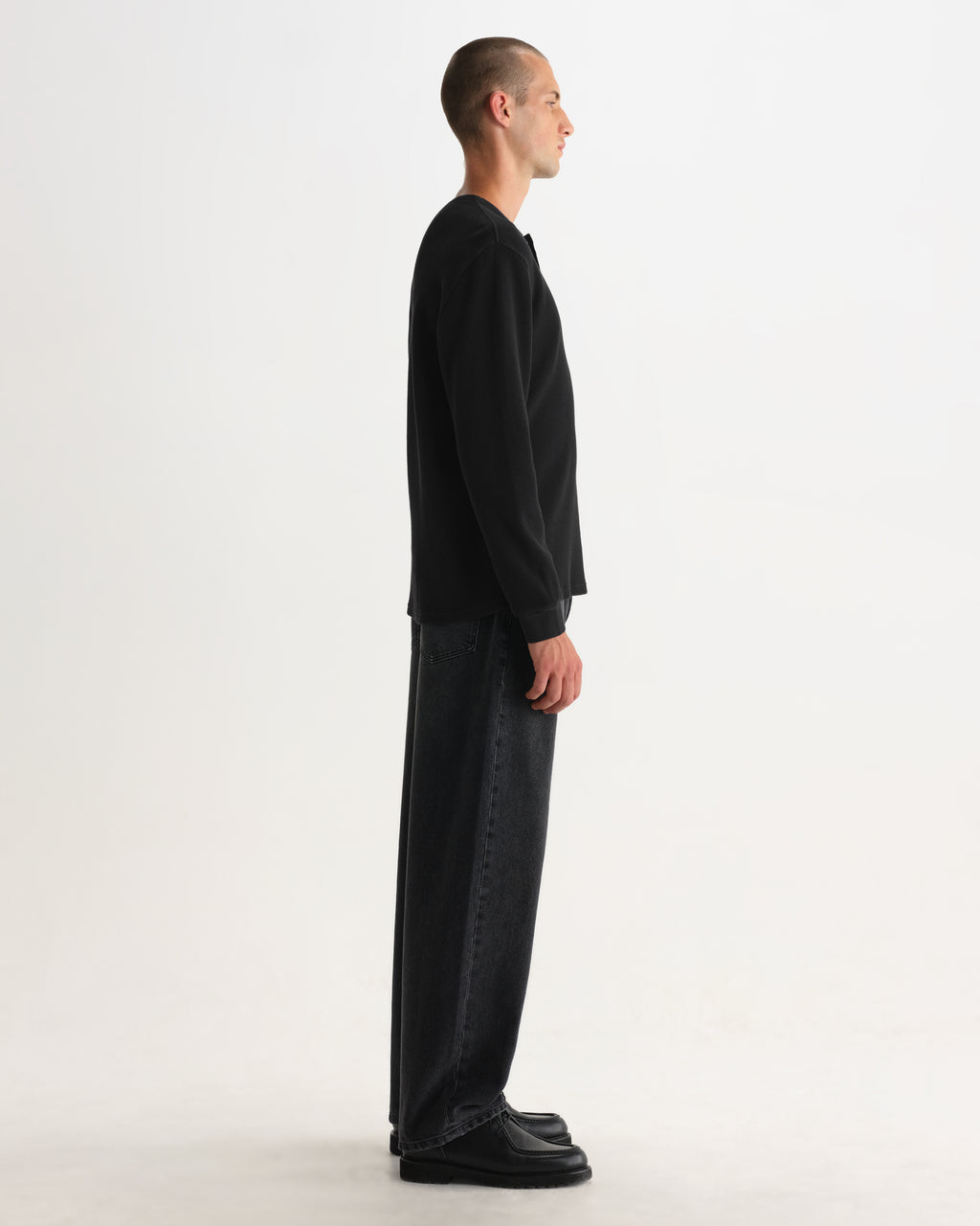 Wax London CALEB HENLEY L/S TEE WAFFLE - WASHED BLACK