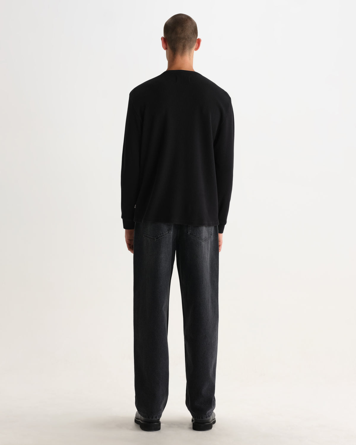 Wax London CALEB HENLEY L/S TEE WAFFLE - WASHED BLACK