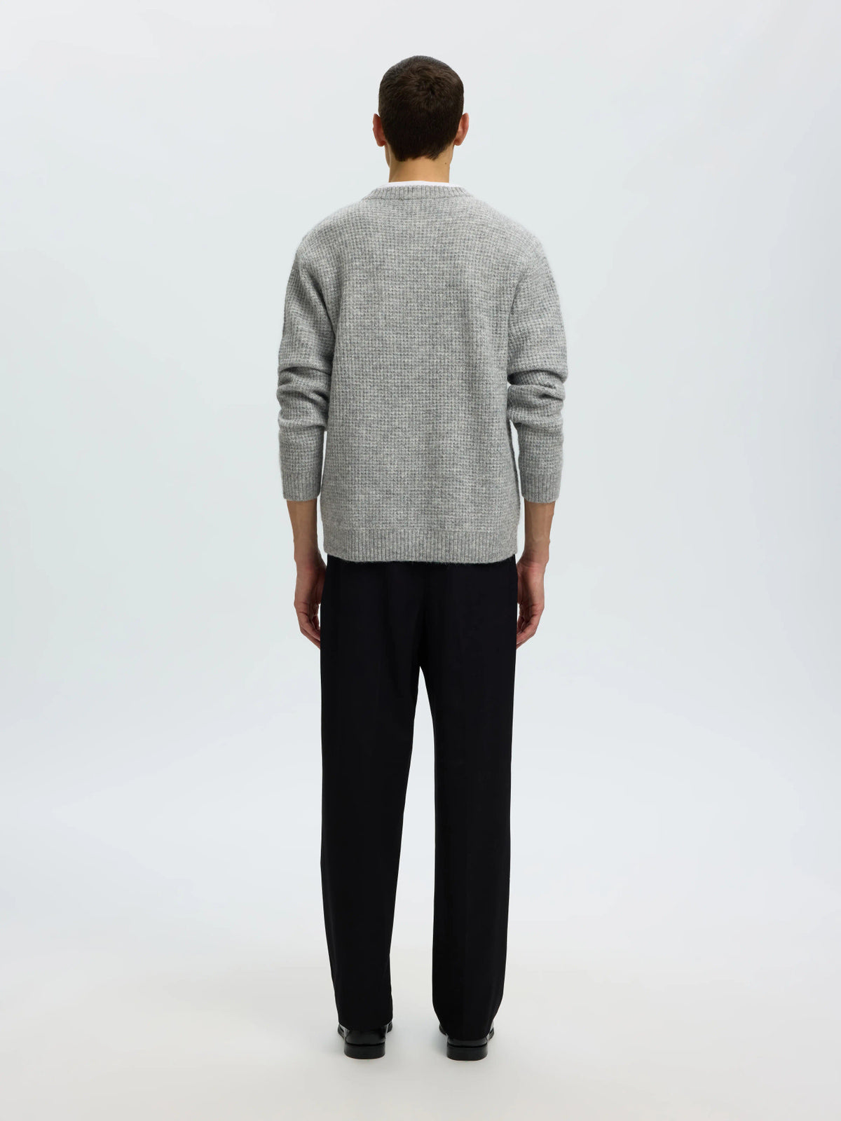 Selected LS KNIT WAFFLE CREW NECK - Light Grey Melange