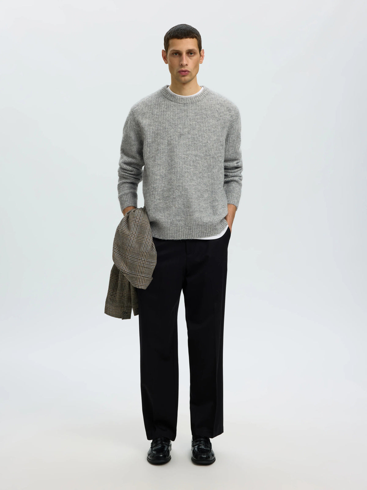 Selected LS KNIT WAFFLE CREW NECK - Light Grey Melange