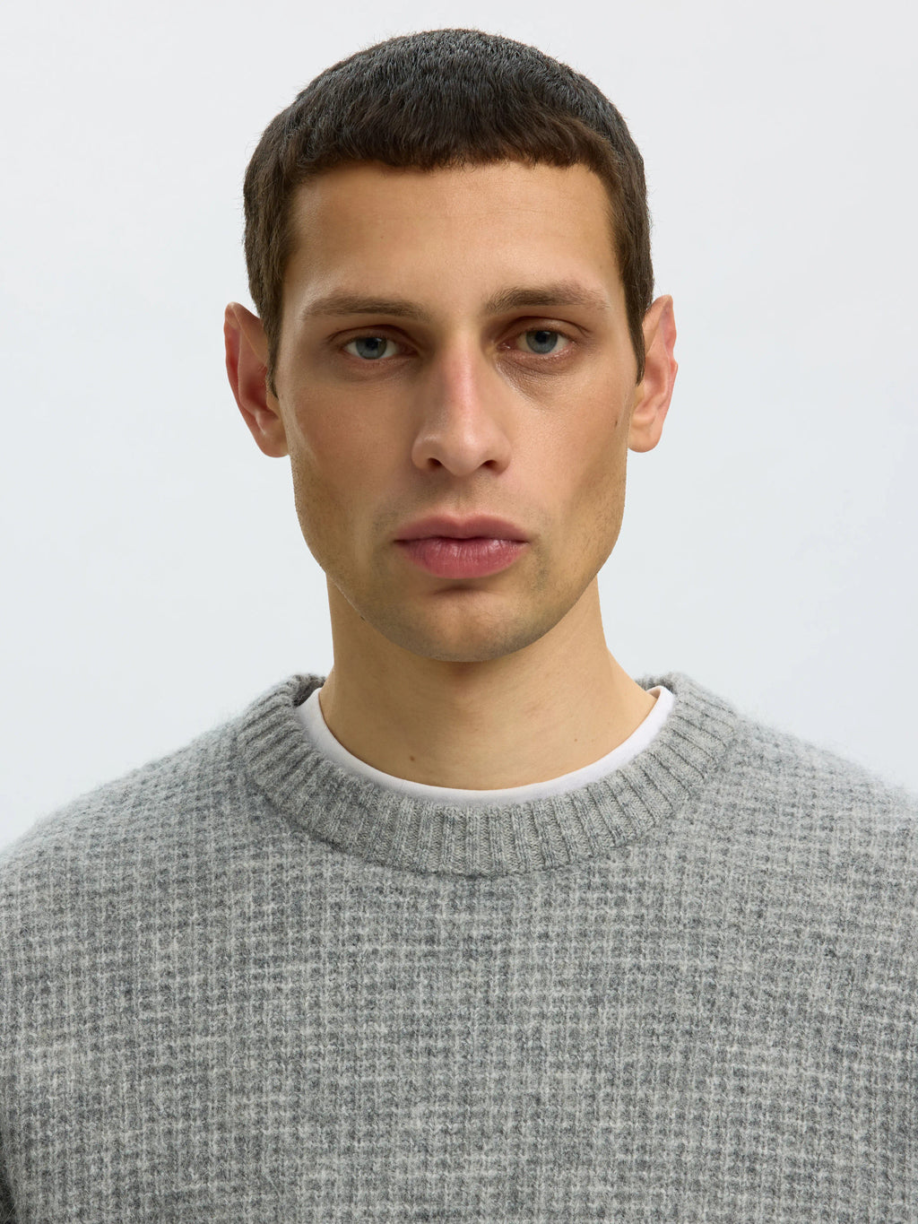 Selected LS KNIT WAFFLE CREW NECK - Light Grey Melange