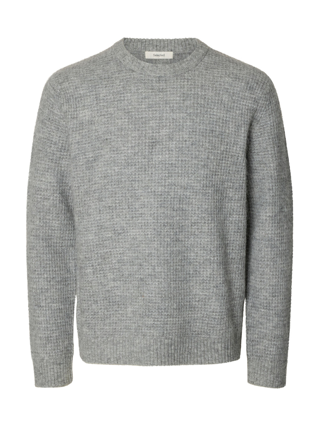 Selected LS KNIT WAFFLE CREW NECK - Light Grey Melange