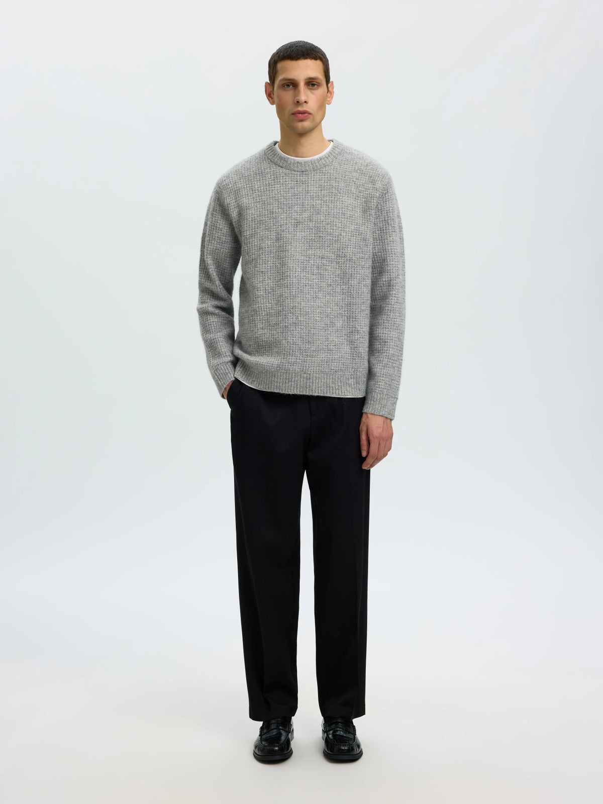 Selected LS KNIT WAFFLE CREW NECK - Light Grey Melange