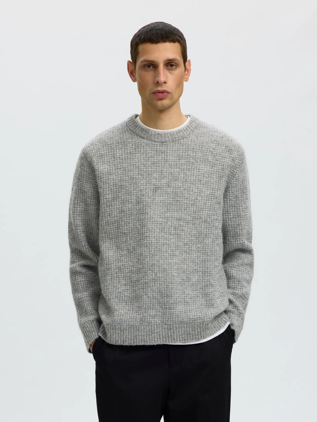 Selected LS KNIT WAFFLE CREW NECK - Light Grey Melange