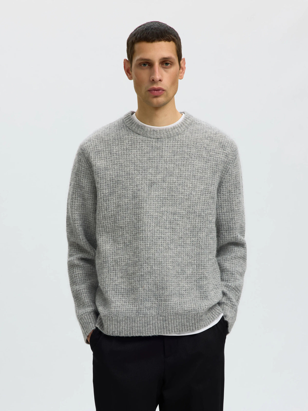 Selected LS KNIT WAFFLE CREW NECK - Light Grey Melange