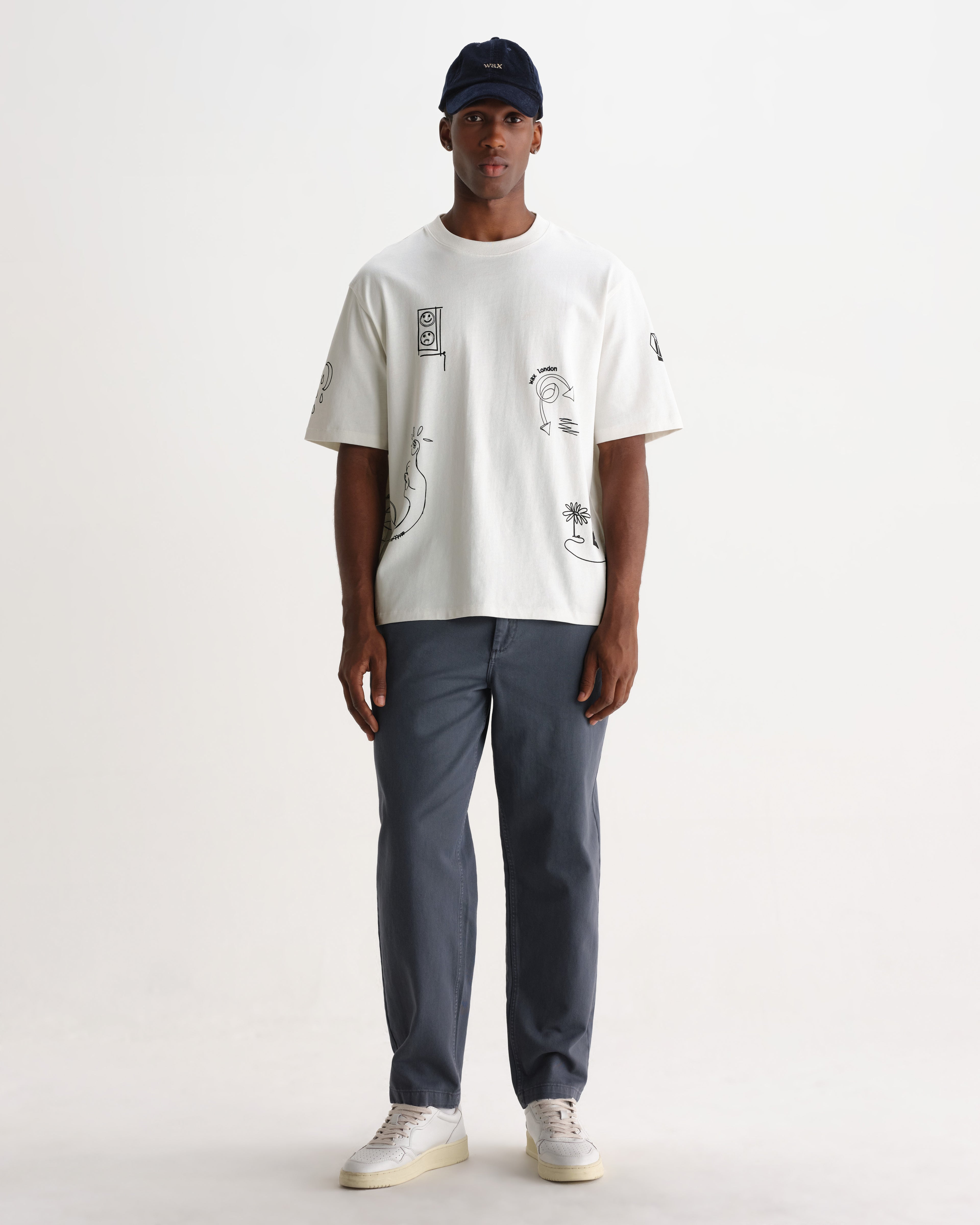 Wax London MILTON SS TEE DIVIDE DOODLE - ECRU / NAVY