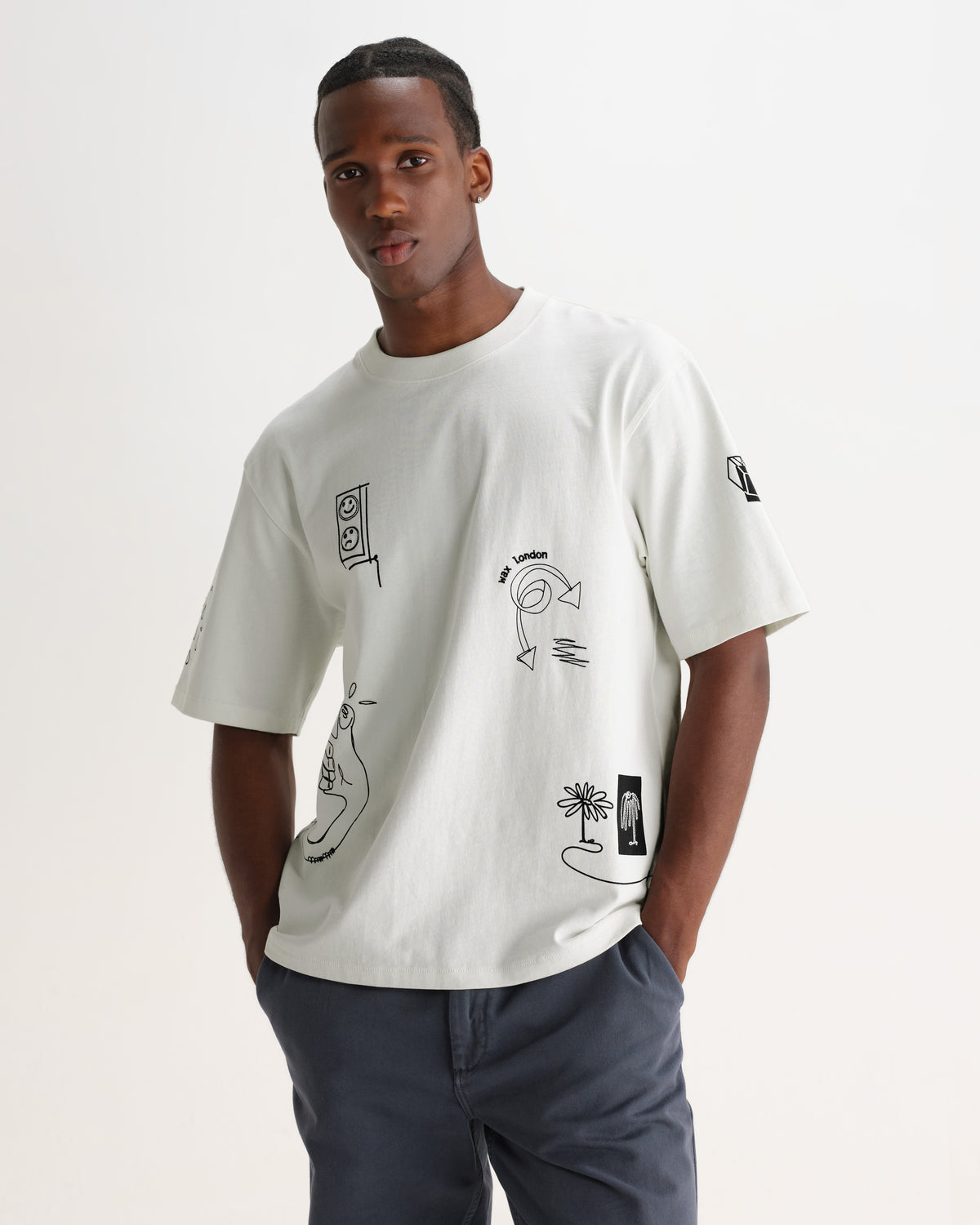 Wax London MILTON SS TEE DIVIDE DOODLE - ECRU / NAVY