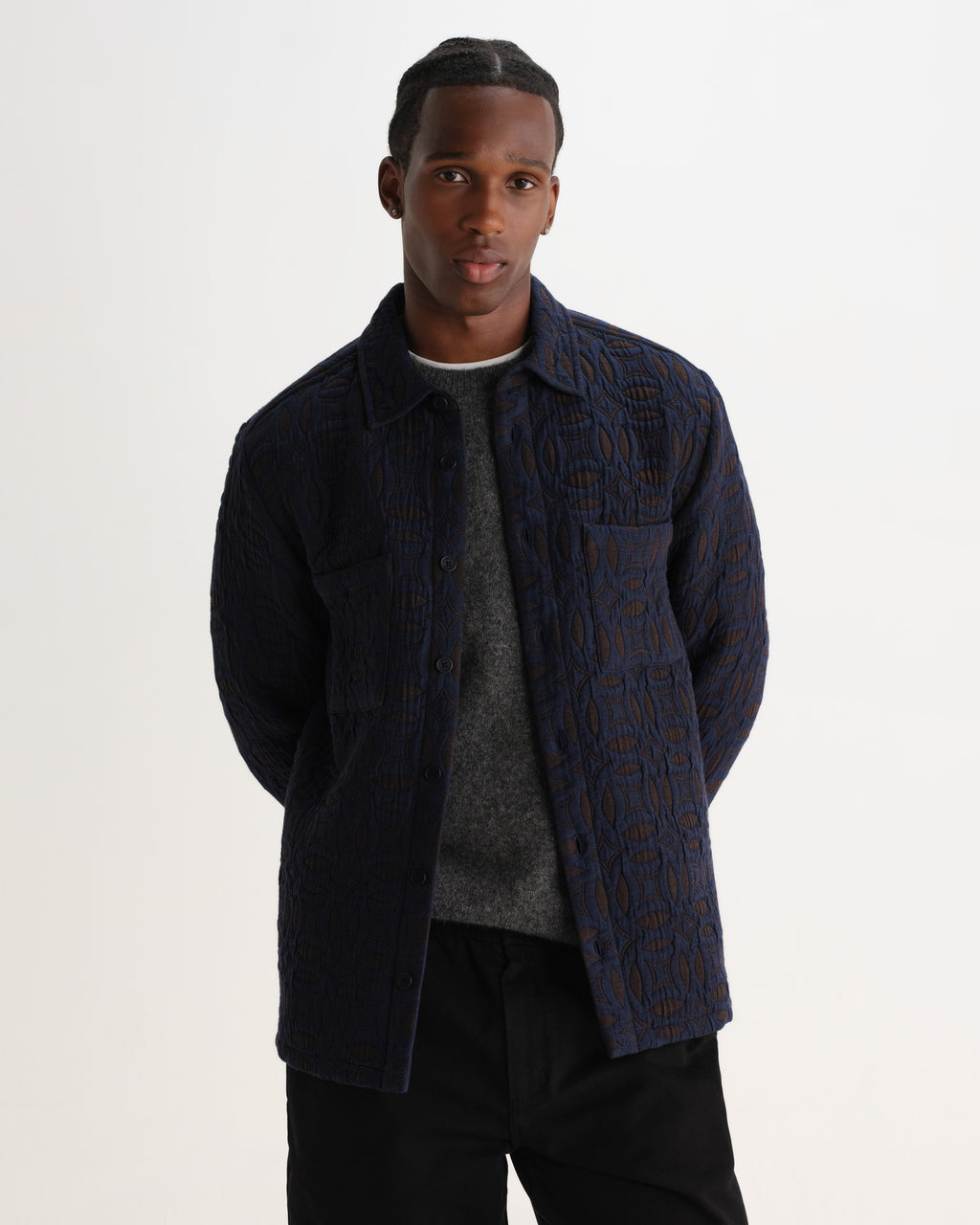 Wax London OTTO OVERSHIRT ORNATE QUILT - NAVY / BROWN