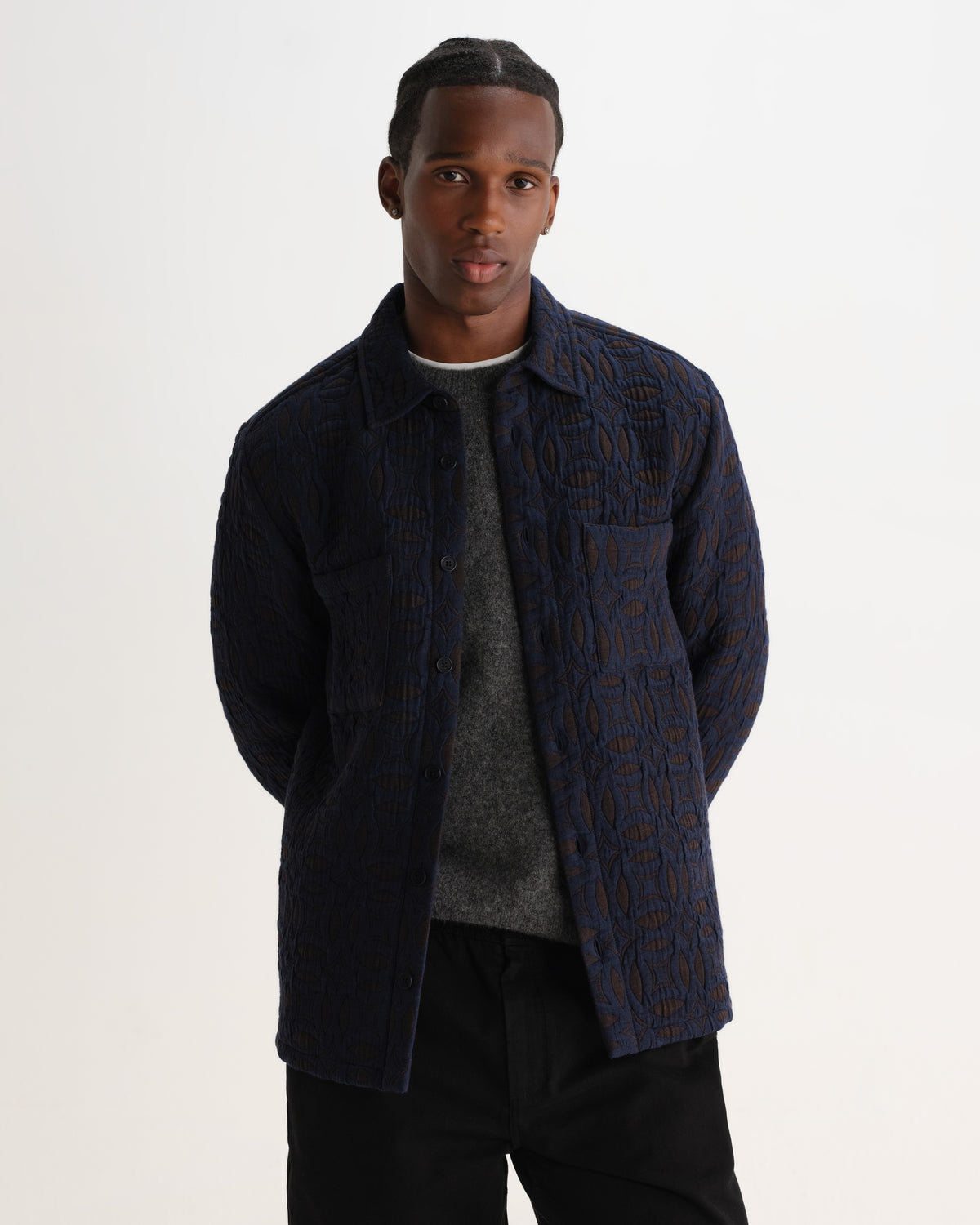 Wax London OTTO OVERSHIRT ORNATE QUILT - NAVY / BROWN