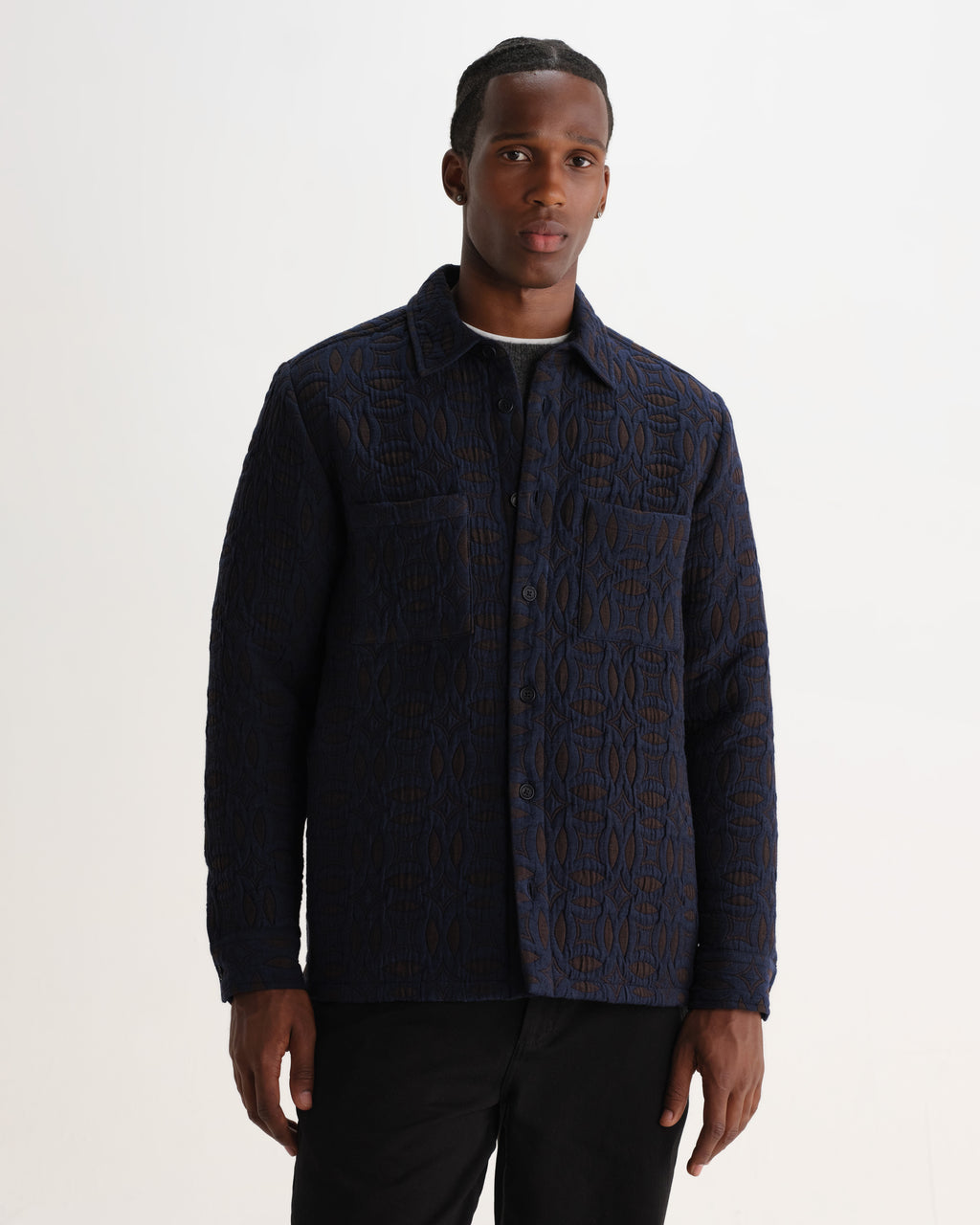 Wax London OTTO OVERSHIRT ORNATE QUILT - NAVY / BROWN
