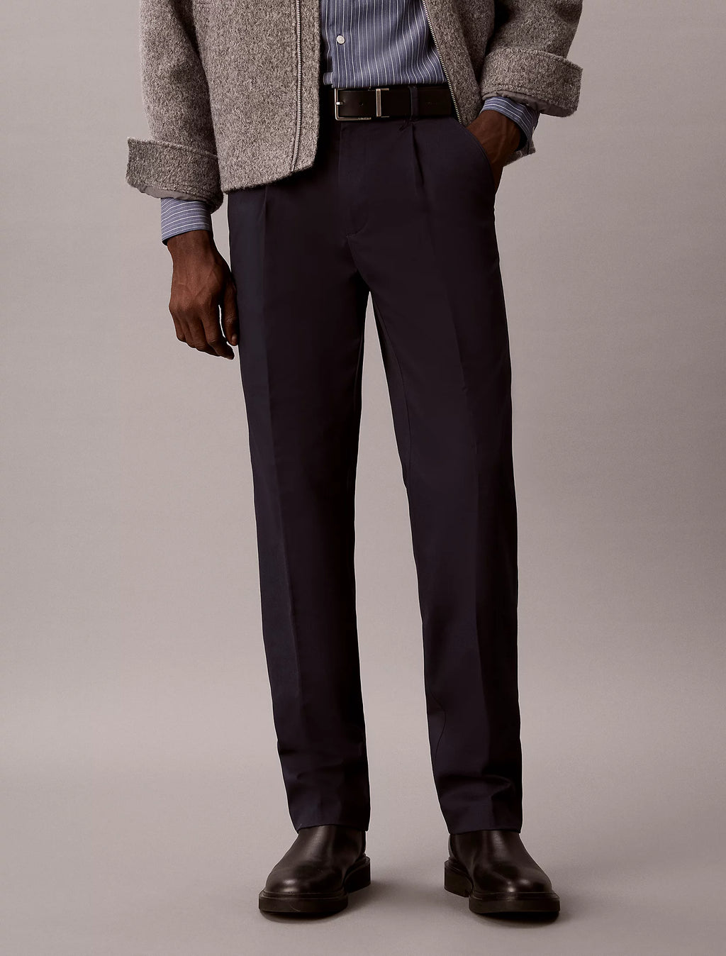Calvin Klein Straight Pleated Satin Trousers -  Dark Sapphire