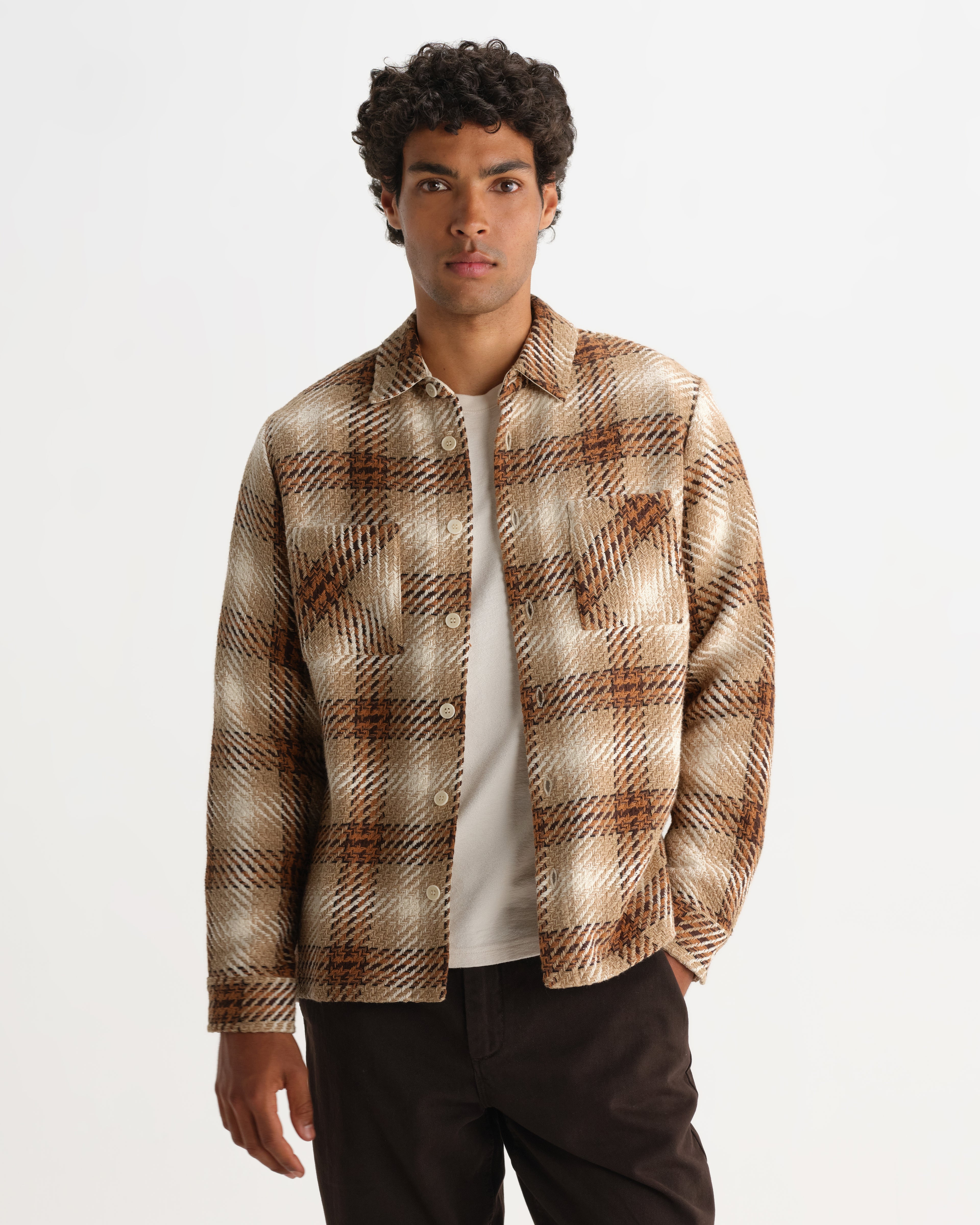 Wax London WHITING OVERSHIRT OVERLAP CHECK - NATURAL / ECRU
