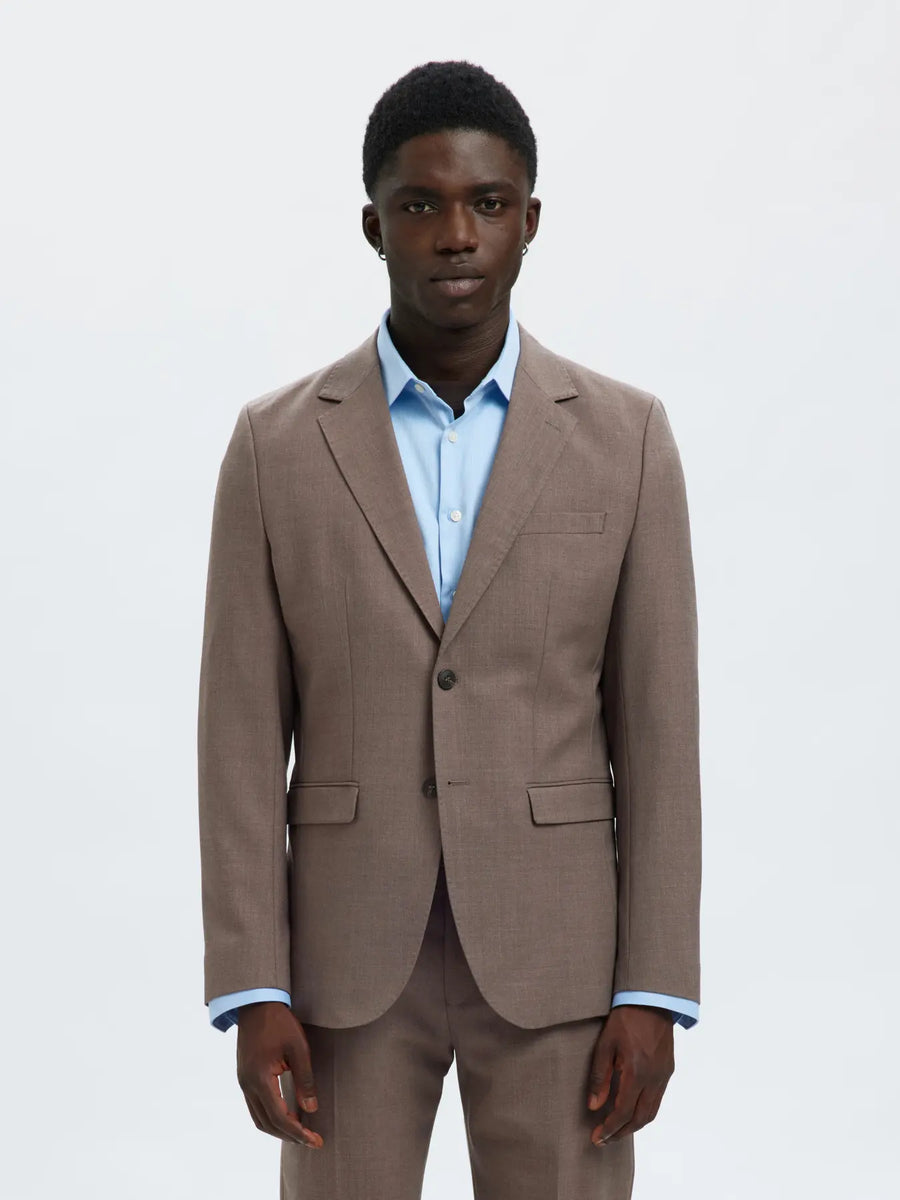 Selected Slim blazer i uldblanding Flex i Morel gråbrun – model set forfra