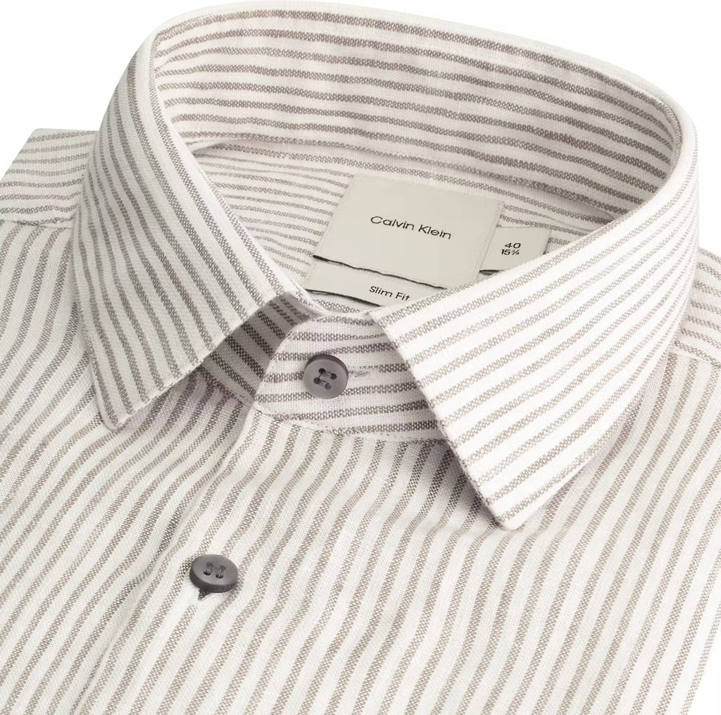 Calvin Klein LINEN STRIPE SLIM SHIRT Delta green - mss - Supermen.dk