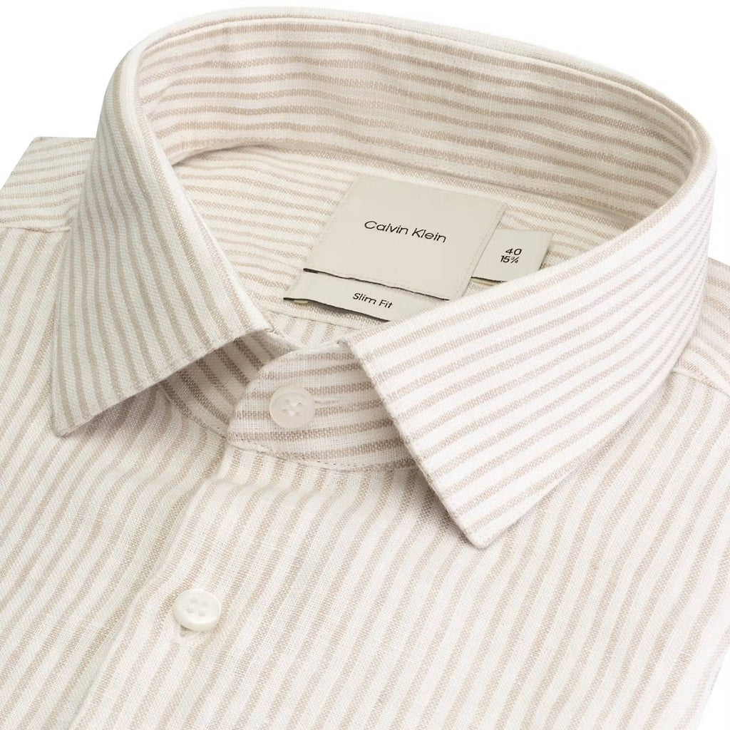 Calvin Klein LINEN STRIPE SLIM SHIRT Stony beige - ace - Supermen.dk