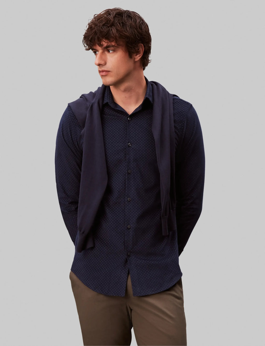 Calvin Klein Slim fløjlsskjorte med print i navy set forfra