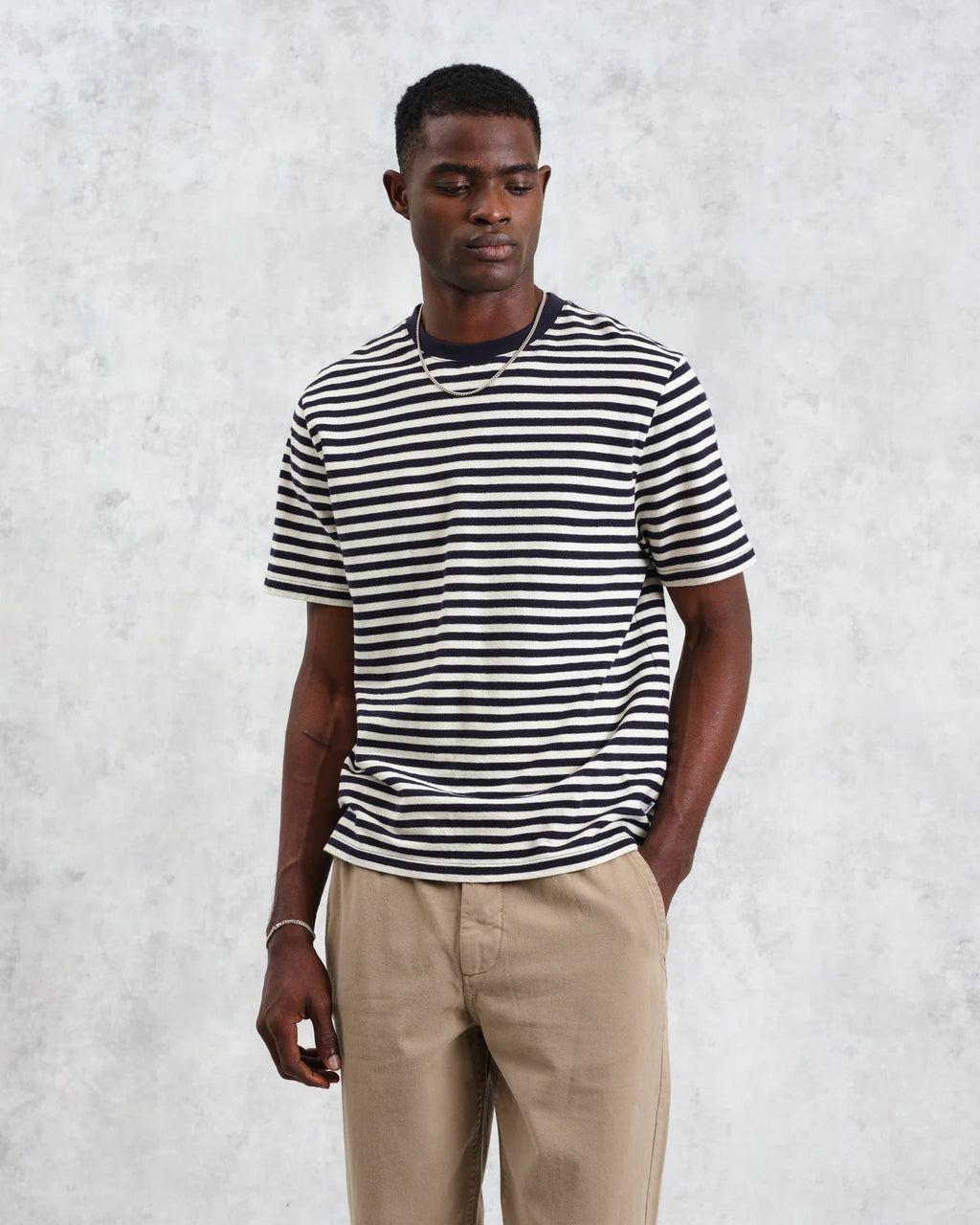 Dean - Navy/Ecru Striped Textured Organic Cotton T-Shirt - Supermen.dk