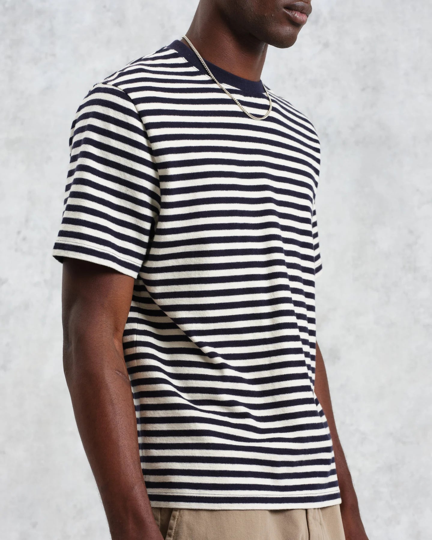 Dean - Navy/Ecru Striped Textured Organic Cotton T-Shirt - Supermen.dk