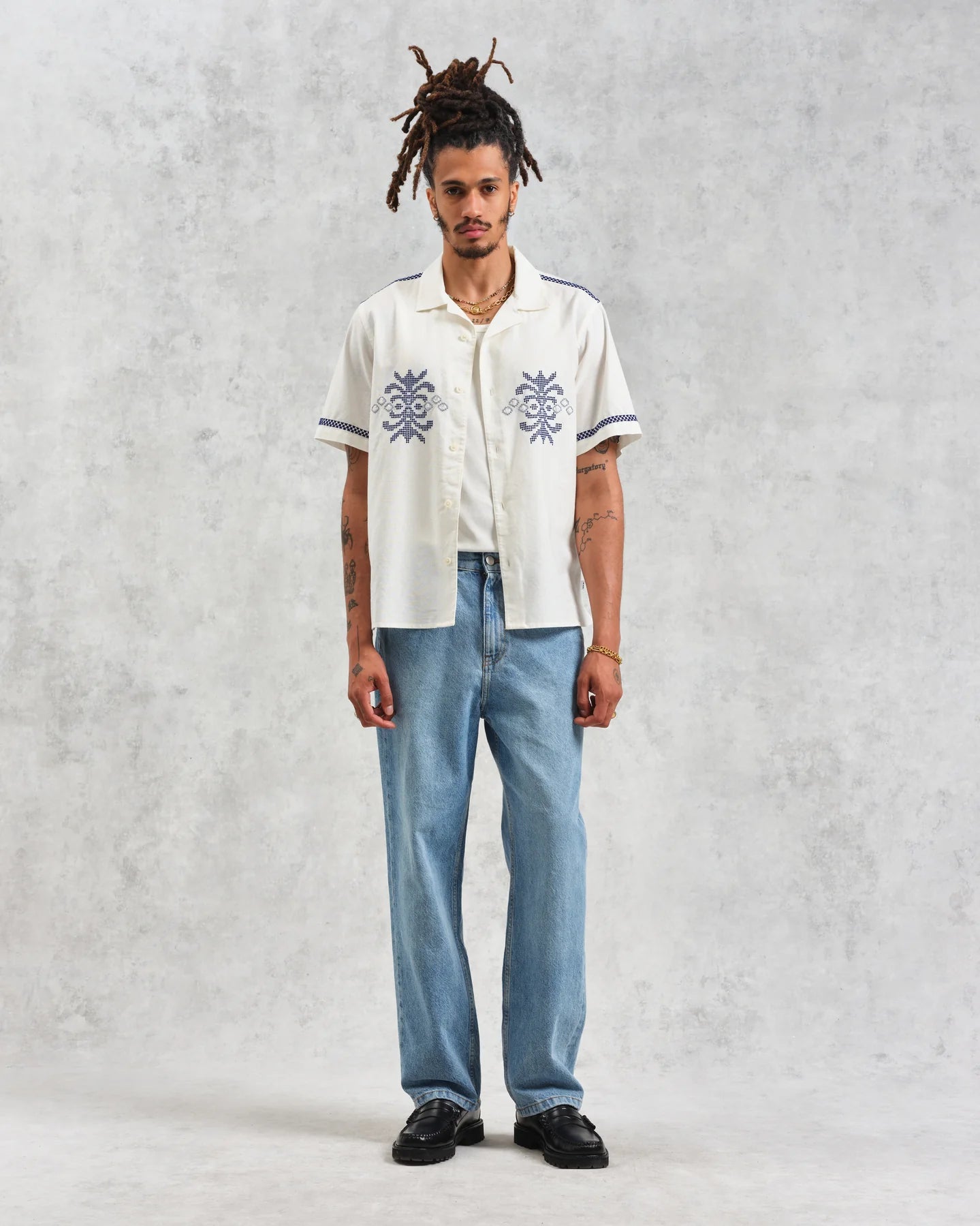 Didcot - Ecru Motif Embroidered Short - Sleeve Shirt - Supermen.dk