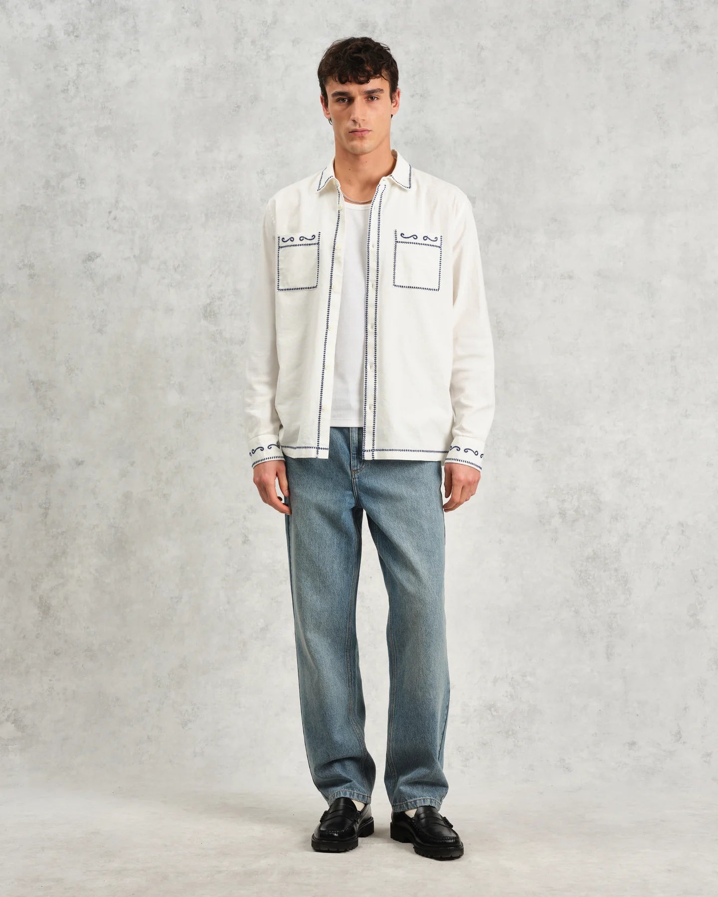 Haven - Ecru And Blue Embroidered Shirt - Supermen.dk