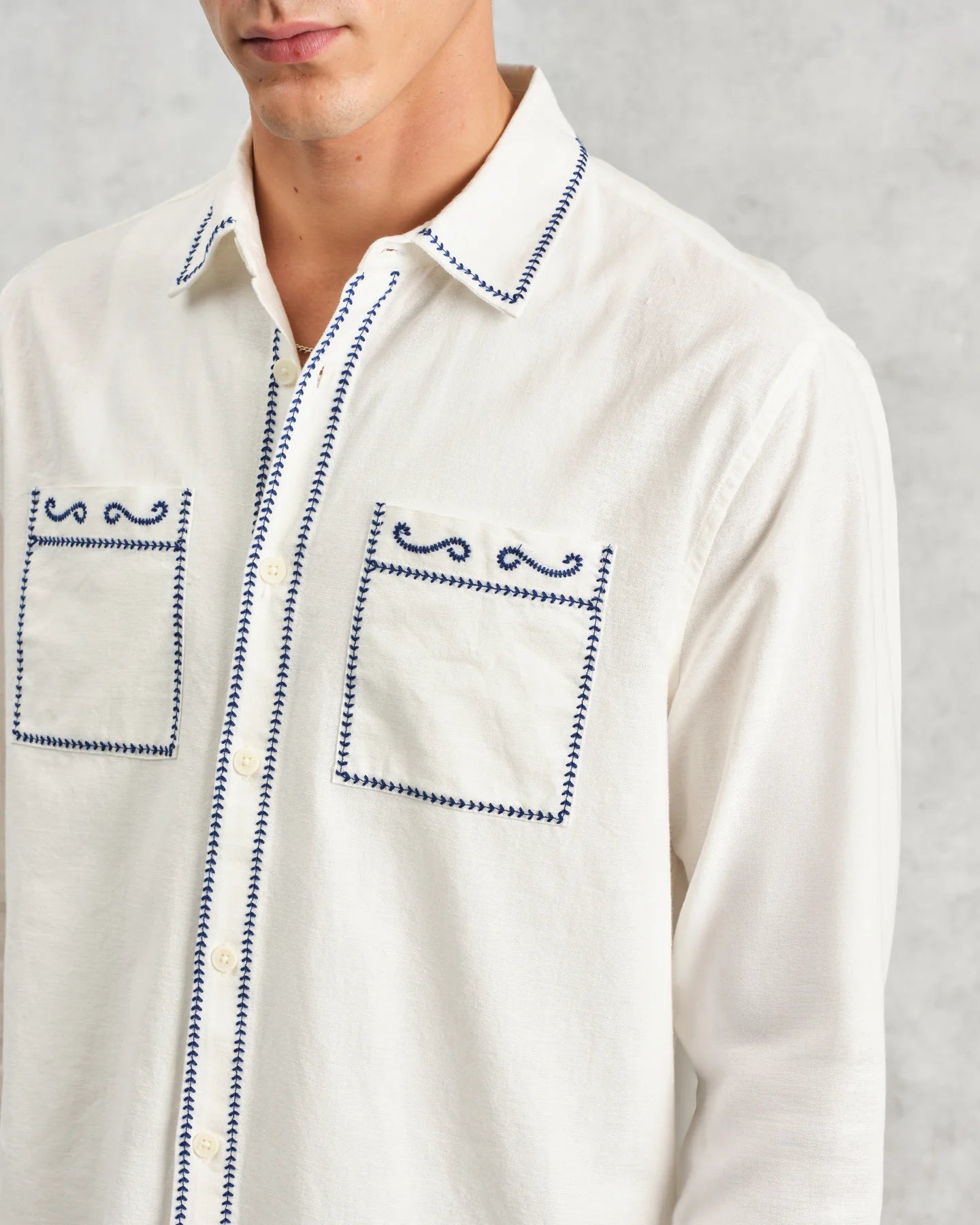 Haven - Ecru And Blue Embroidered Shirt - Supermen.dk