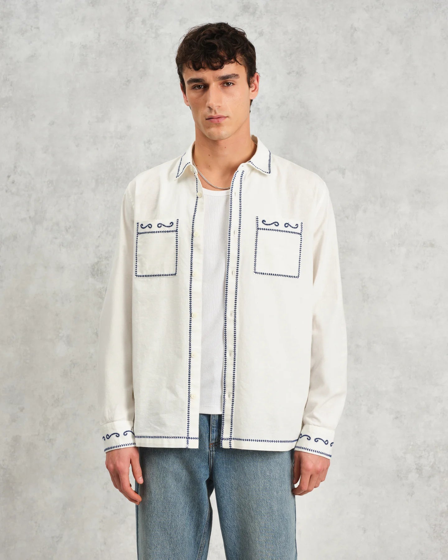 Haven - Ecru And Blue Embroidered Shirt - Supermen.dk