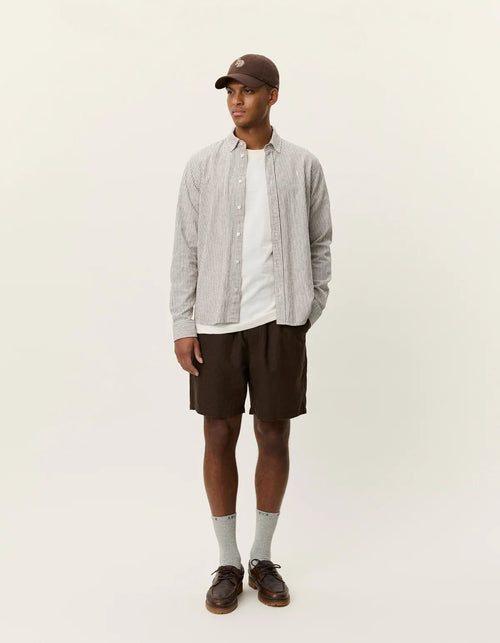 Les Deux Konrad Stripe Cotton Linen Shirt Teak Brown - Supermen.dk