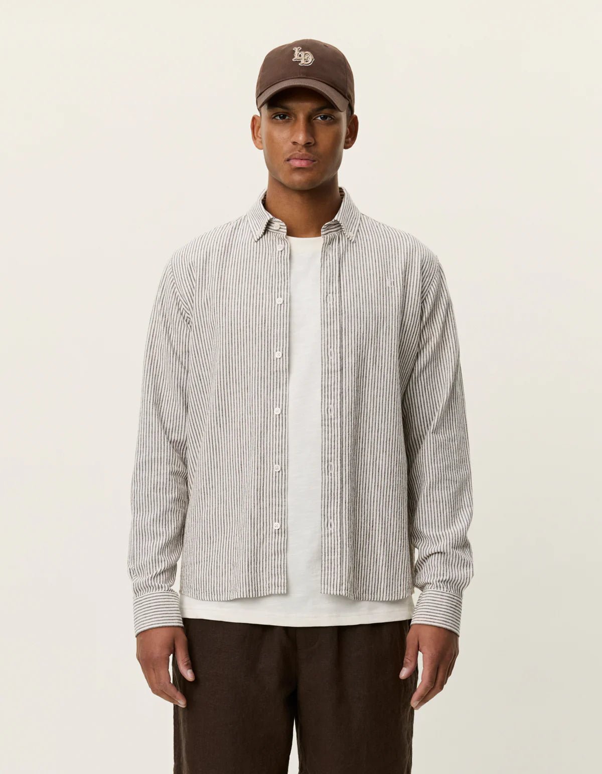 Les Deux Konrad Stripe Cotton Linen Shirt Teak Brown