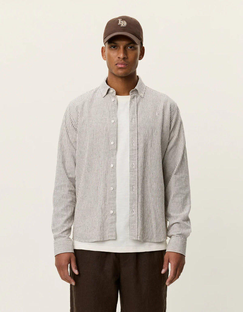 Les Deux Konrad Stripe Cotton Linen Shirt Teak Brown - Supermen.dk