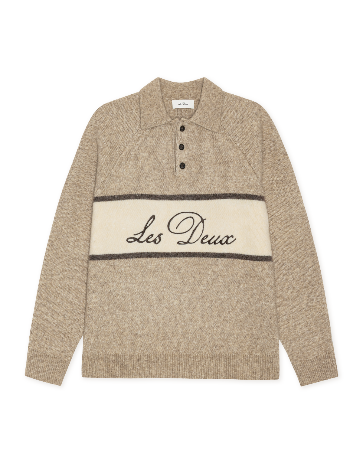 Les Deux Signature melange strikpolo i Dark Sand melange med logostribe – produktbillede forfra