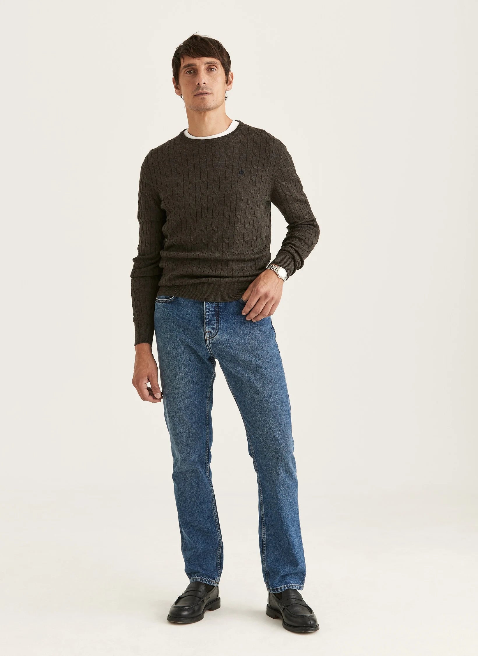Morris Merino Cable Oneck Brown - Supermen.dk