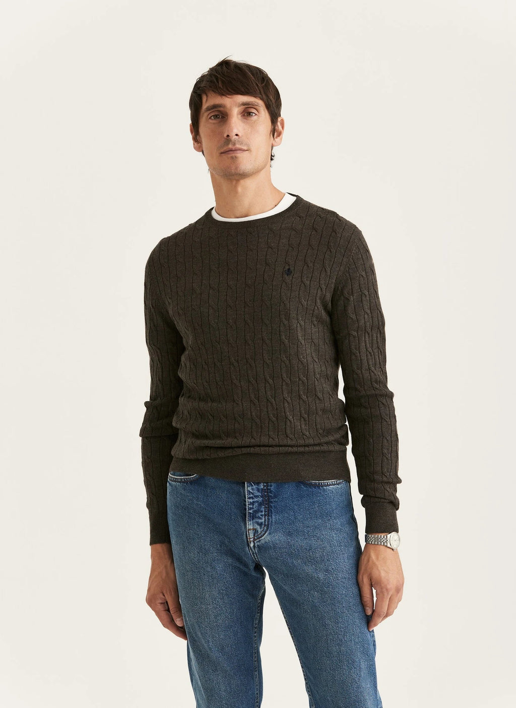 Morris Merino Cable Oneck Brown - Supermen.dk