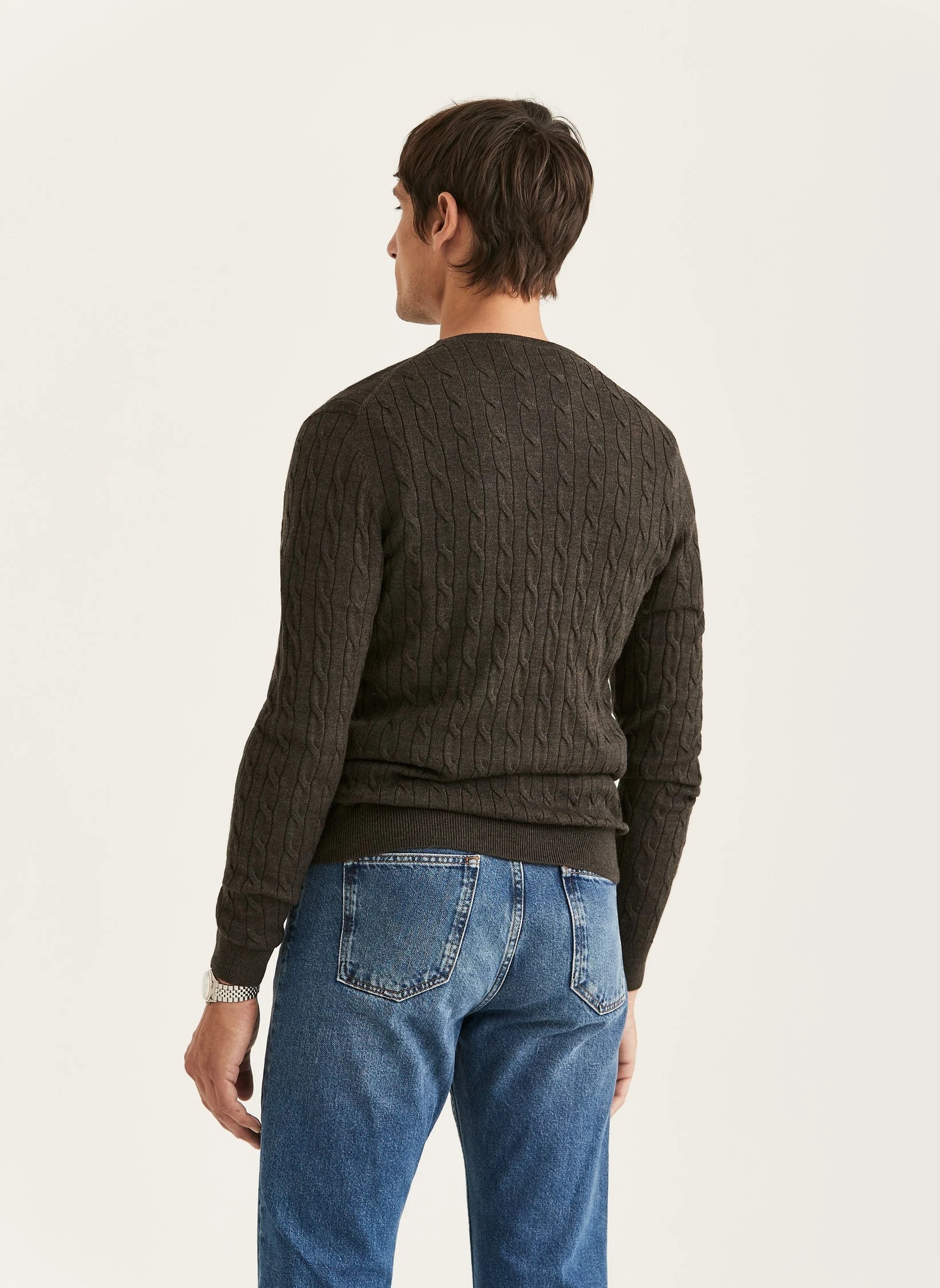 Morris Merino Cable Oneck Brown - Supermen.dk