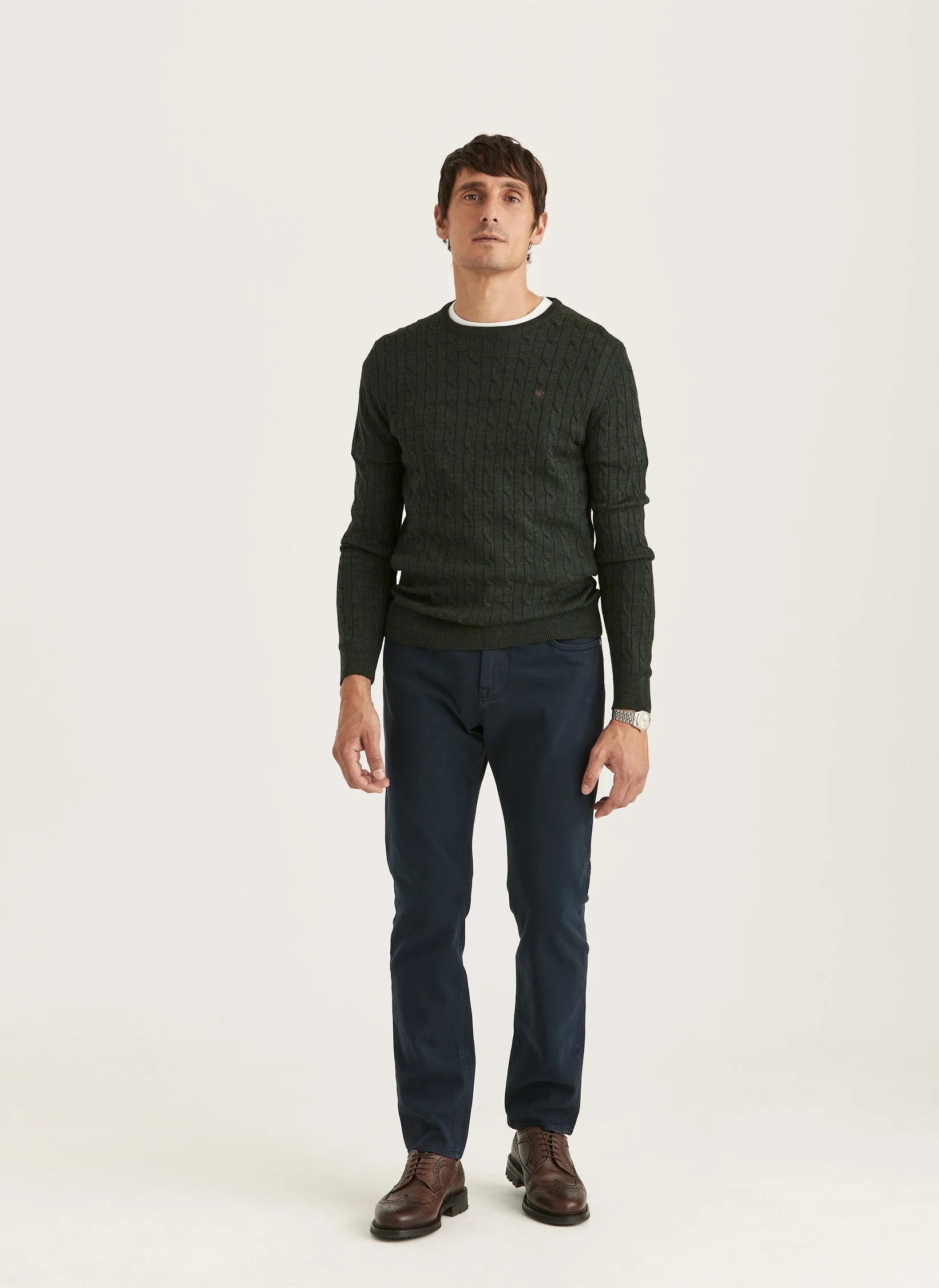 Morris Merino Cable Oneck Olive - Supermen.dk