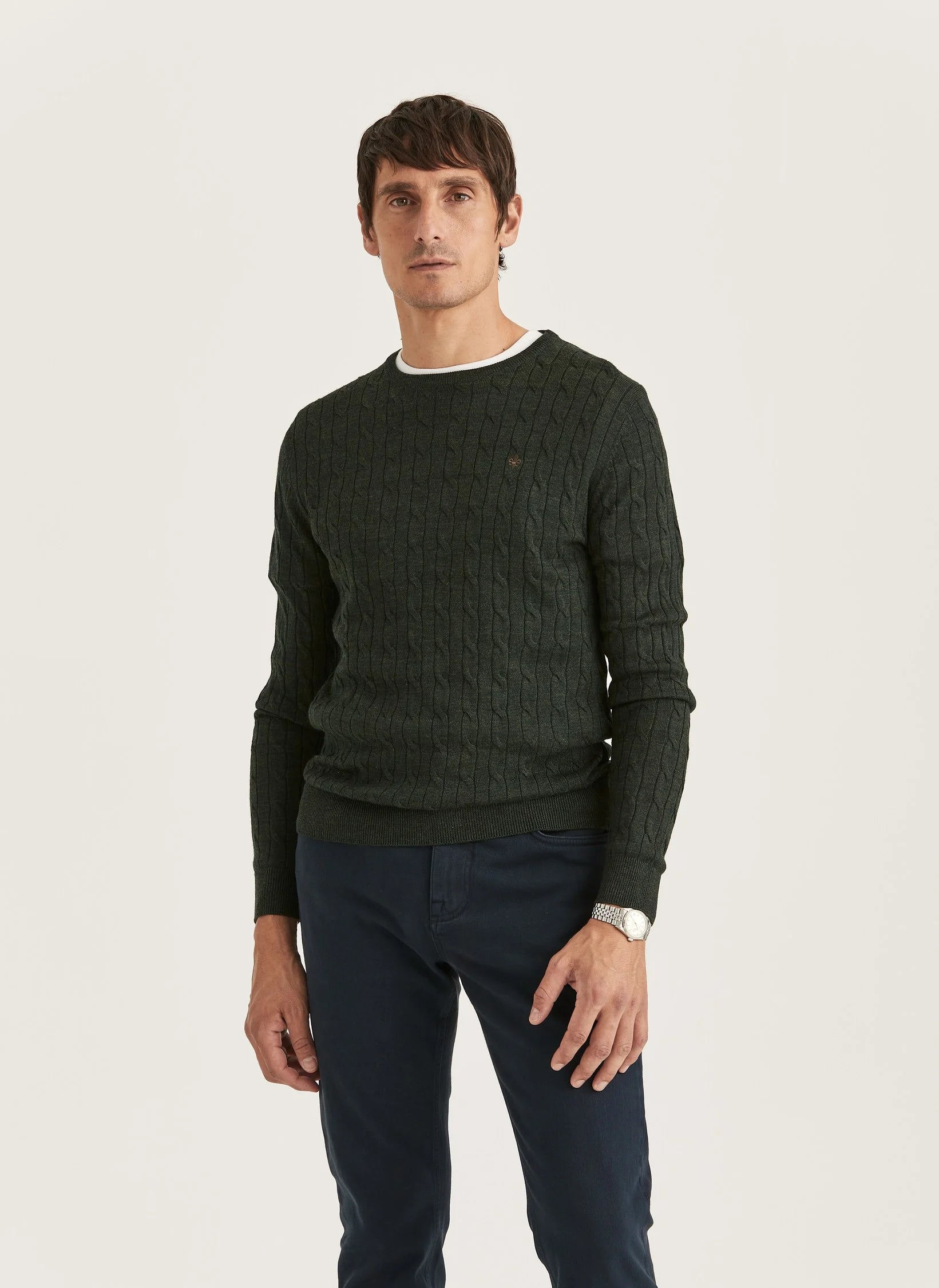 Morris Merino Cable Oneck Olive - Supermen.dk