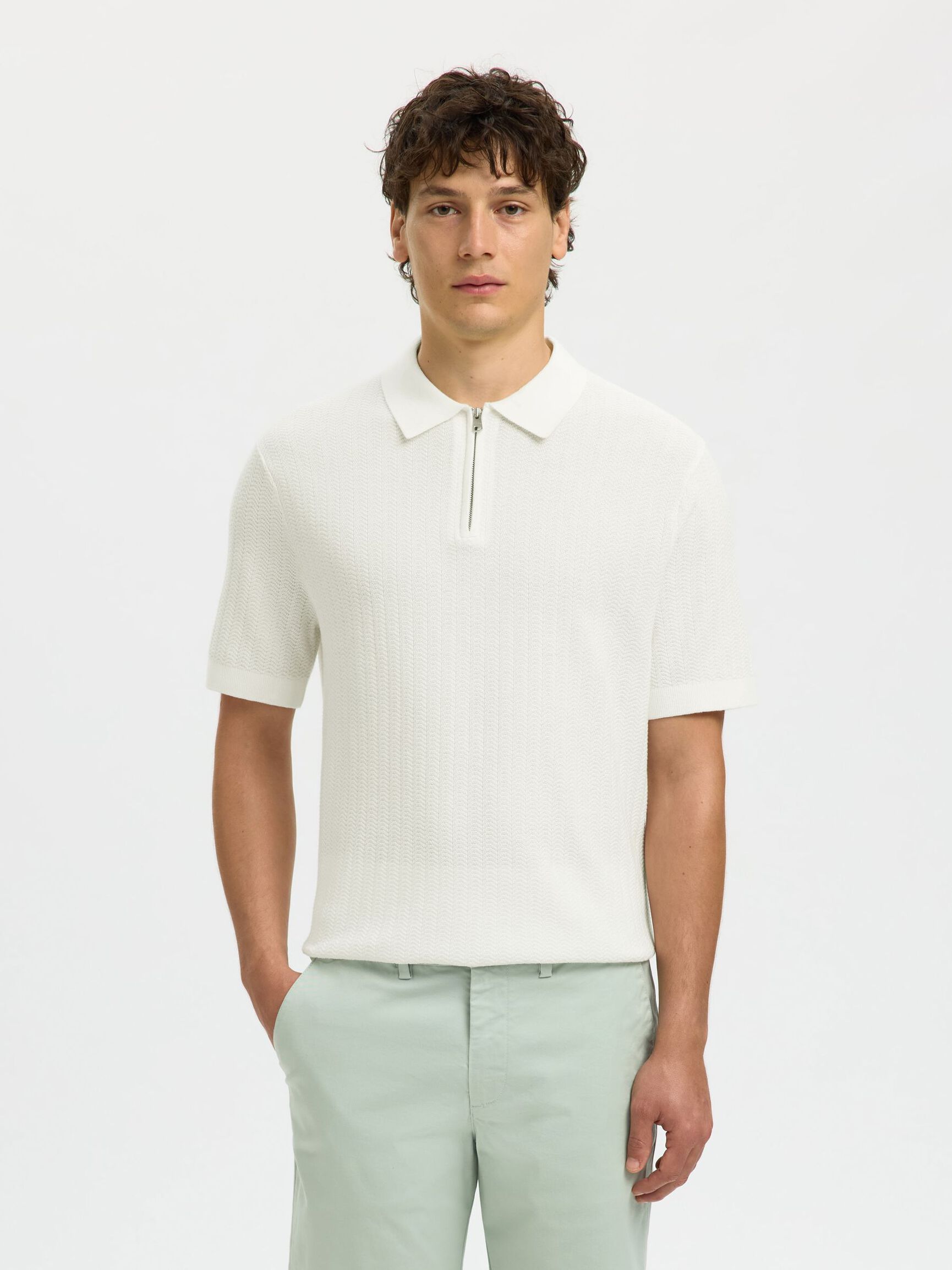 Selected Structured Half‑Zip Knit Polo - Egret