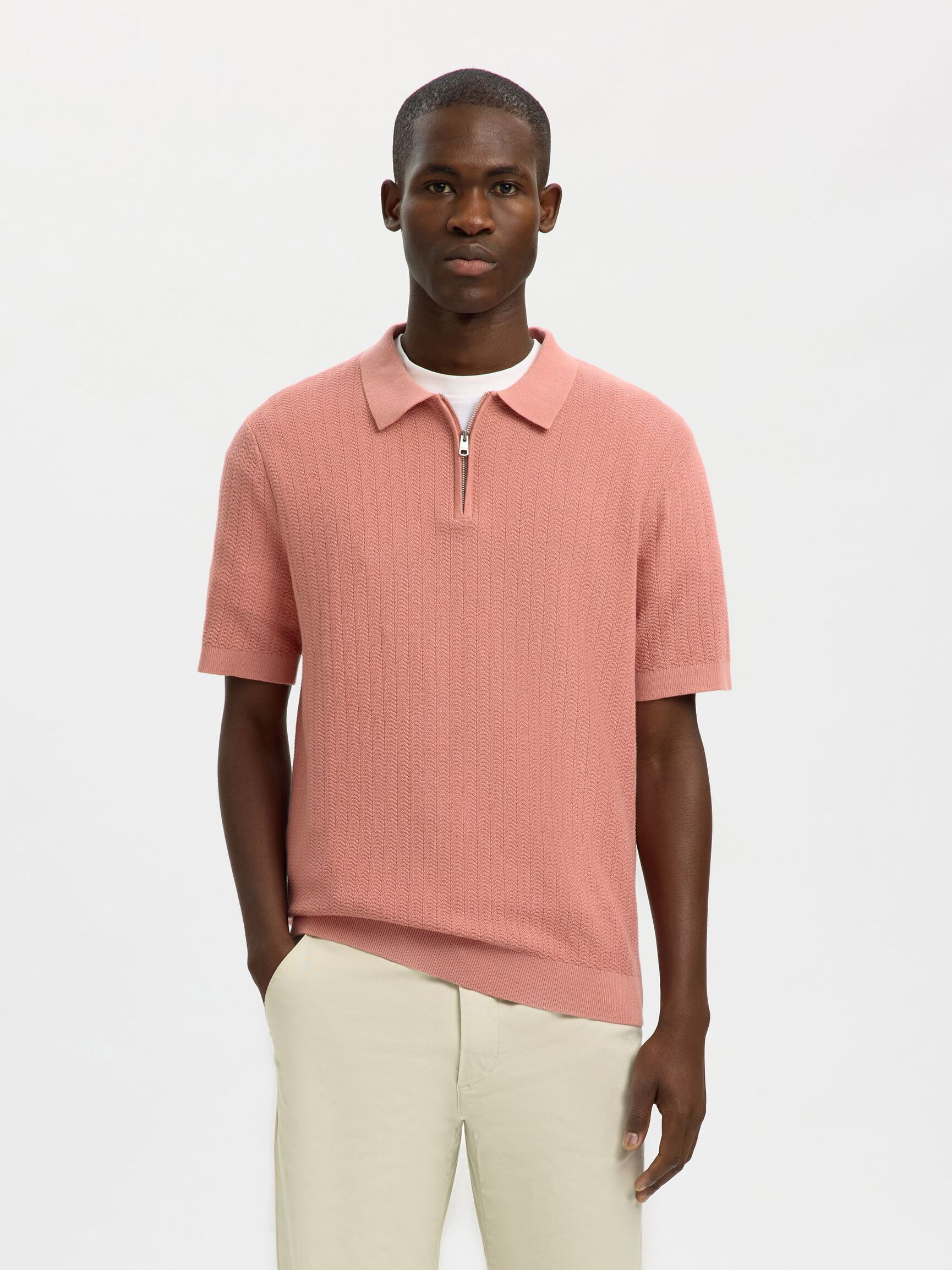 Selected Structured Half‑Zip Knit Polo - Rose Dawn