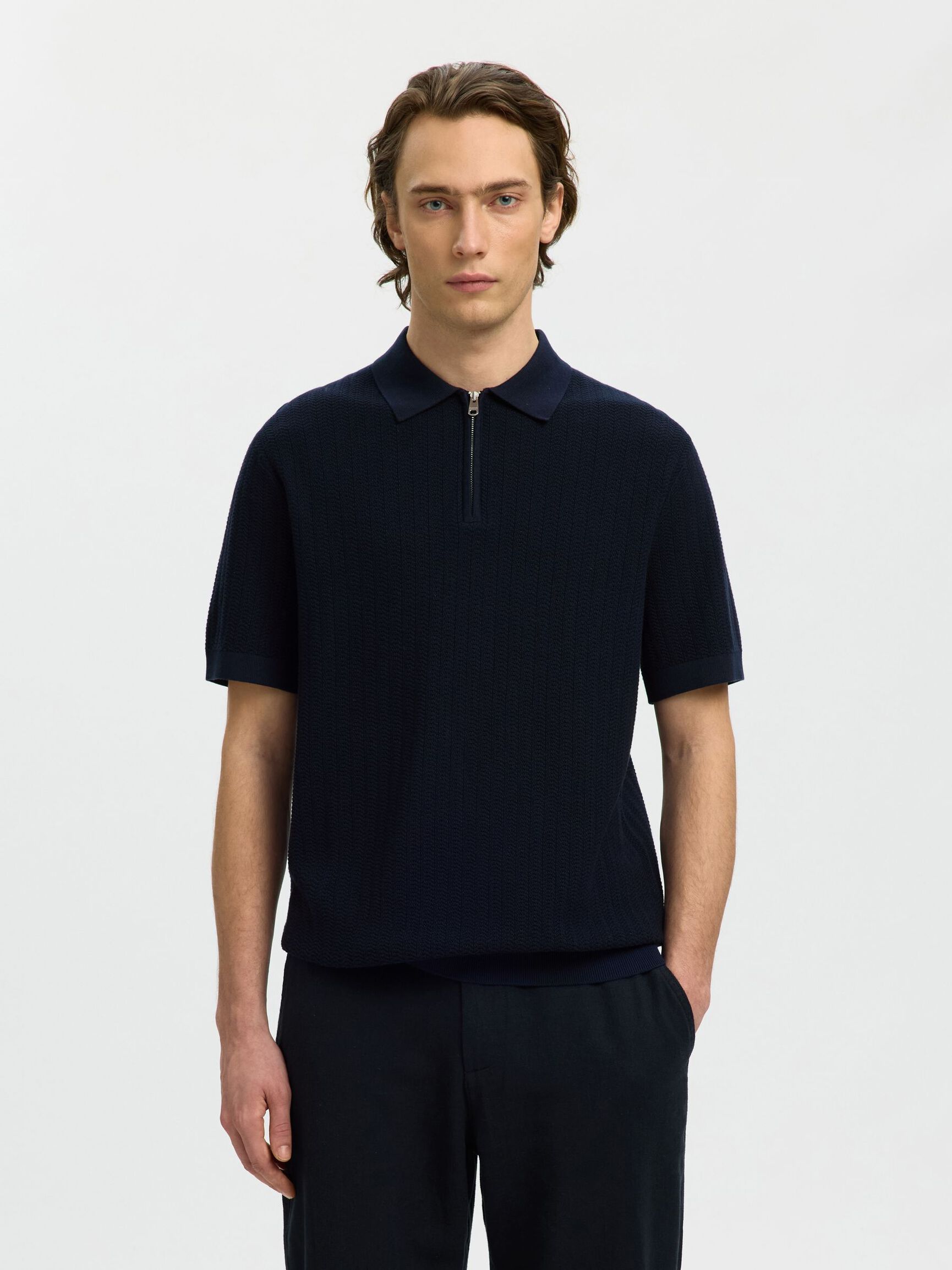 Selected Structured Half‑Zip Knit Polo - Navy Blazer